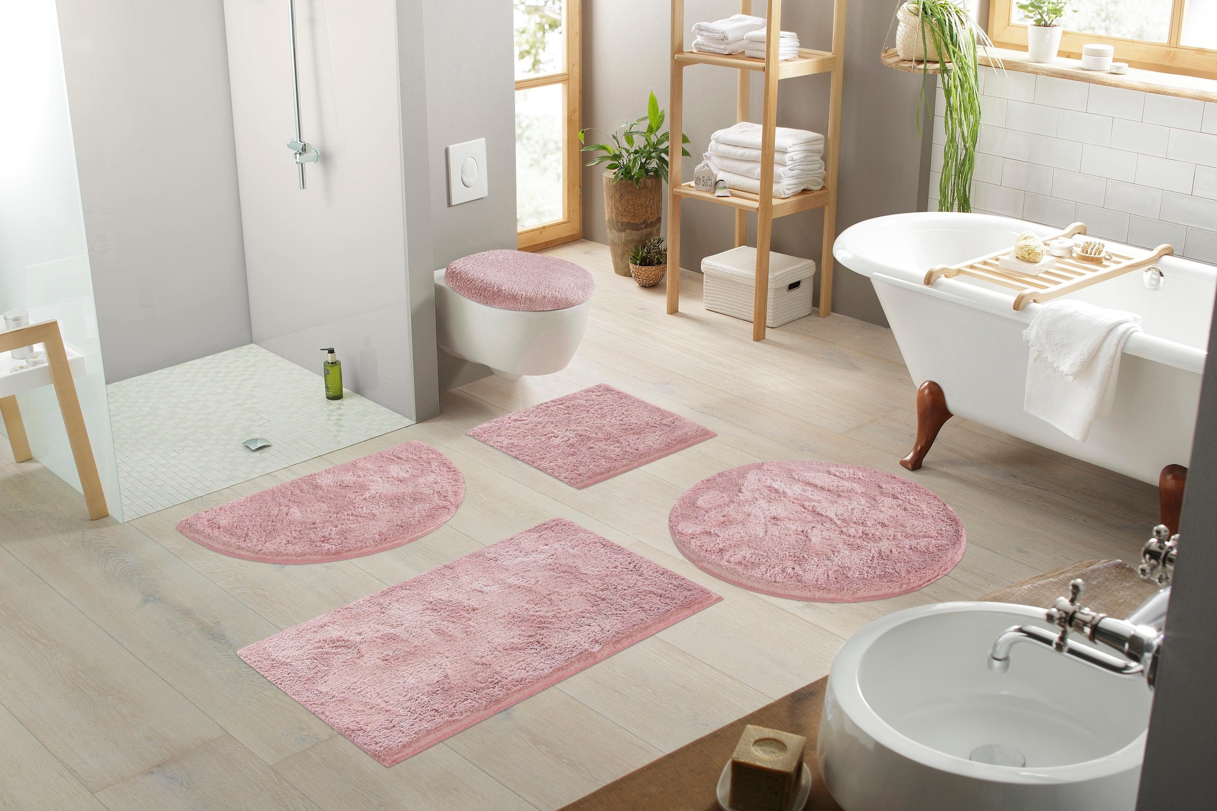 my home Badematte »Jos, Badvorleger, Badezimmer Teppich«, rutschhemmend beschichtet, fußbodenheizungsgeeignet-schnell trocknend, Badematten in Pastell-Farben, Badteppich als 3 teiliges Set erhältlich