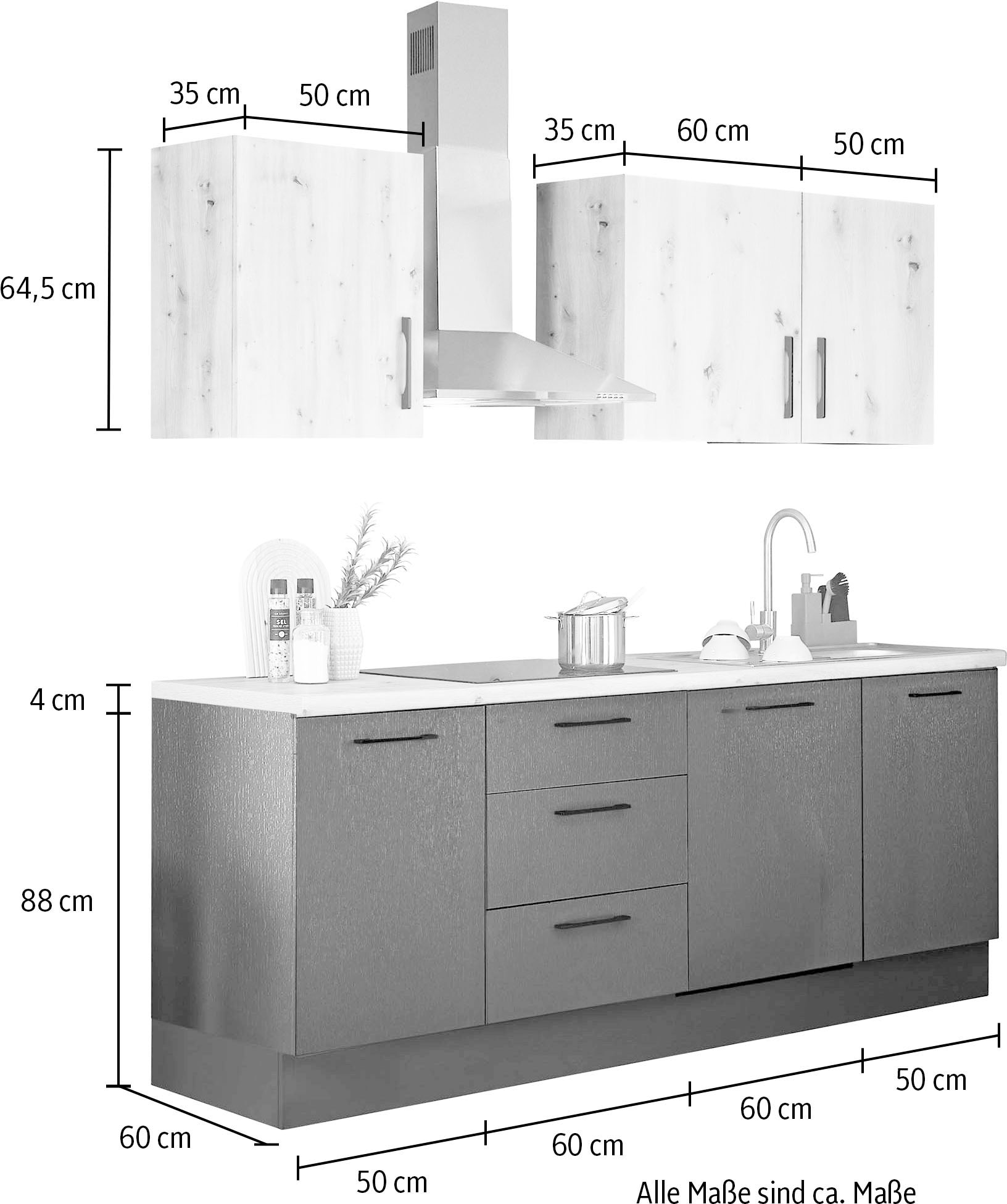 BASIC by Balculina Küchenzeile »Turin«, Breite 220 cm, ohne E-Geräte, mit Soft-Close-Funktion