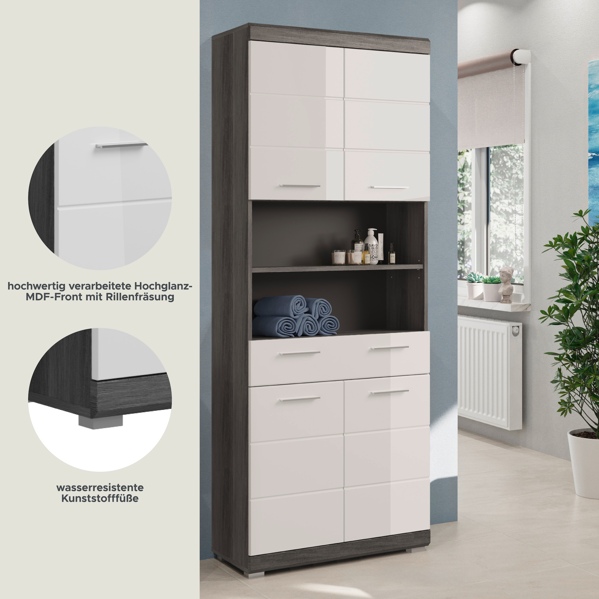 INOSIGN Hochschrank »Siena, Breite 74cm, 4 Türen, 1 Schubkasten, 2 offene Fächer, MDF-Front«, in verschiedenen Farben erhältlich, Badmöbel, Badschrank, Schrank, Bad