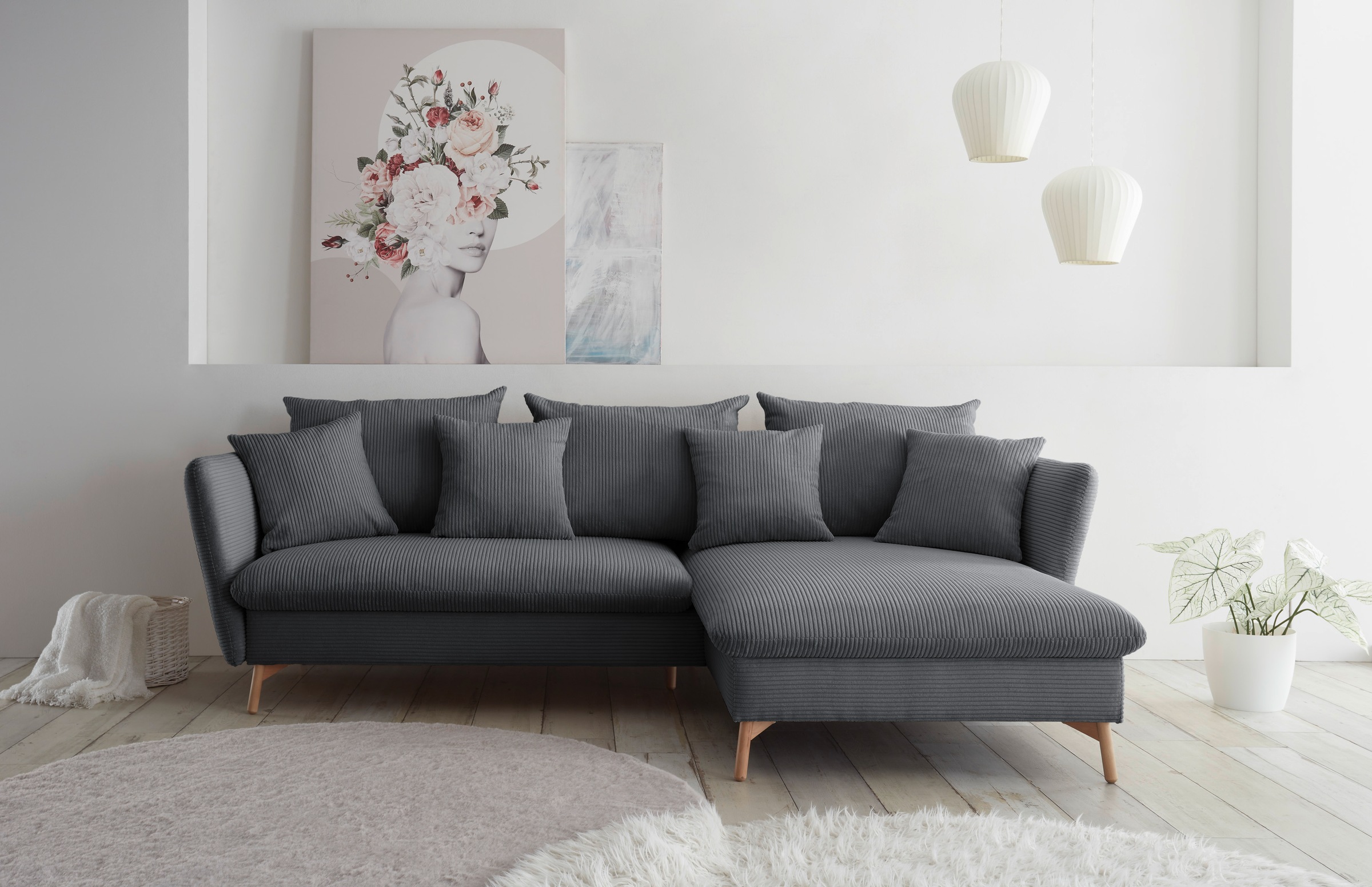 andas Ecksofa »MERLE, 258 cm, L-Form, traumhafter Cord,«, mit Bettfunktion und Bettkasten, Liegefläche 224 x 139