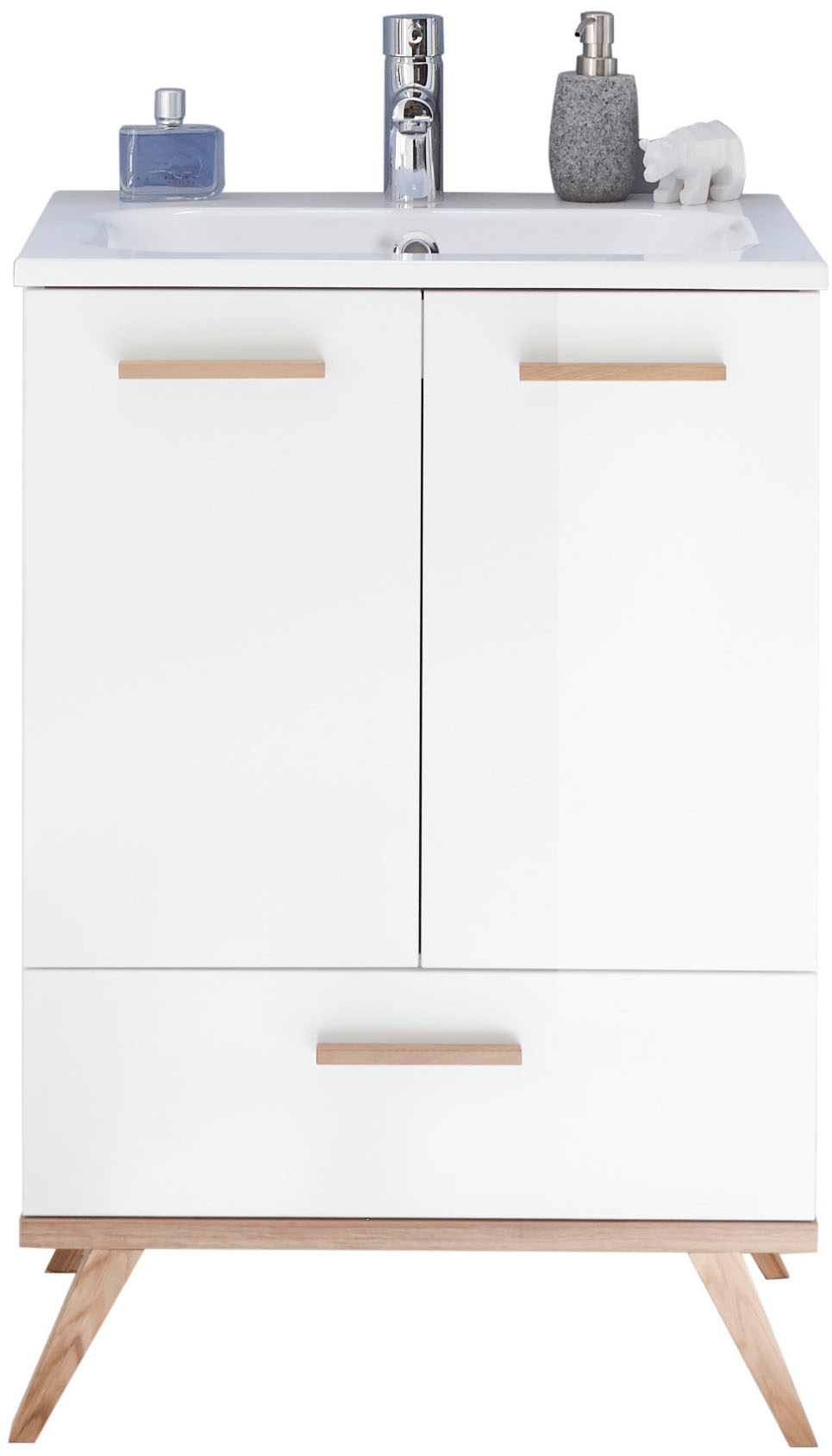 Saphir Badmöbel-Set »Quickset 2-teilig, Mineralmarmor-Waschtisch und LED-Spiegelschrank«, (2 St.), Waschplatz 61 cm breit, 4 Türen, 1 Schublade, 2 Einlegeböden, Bad-Set