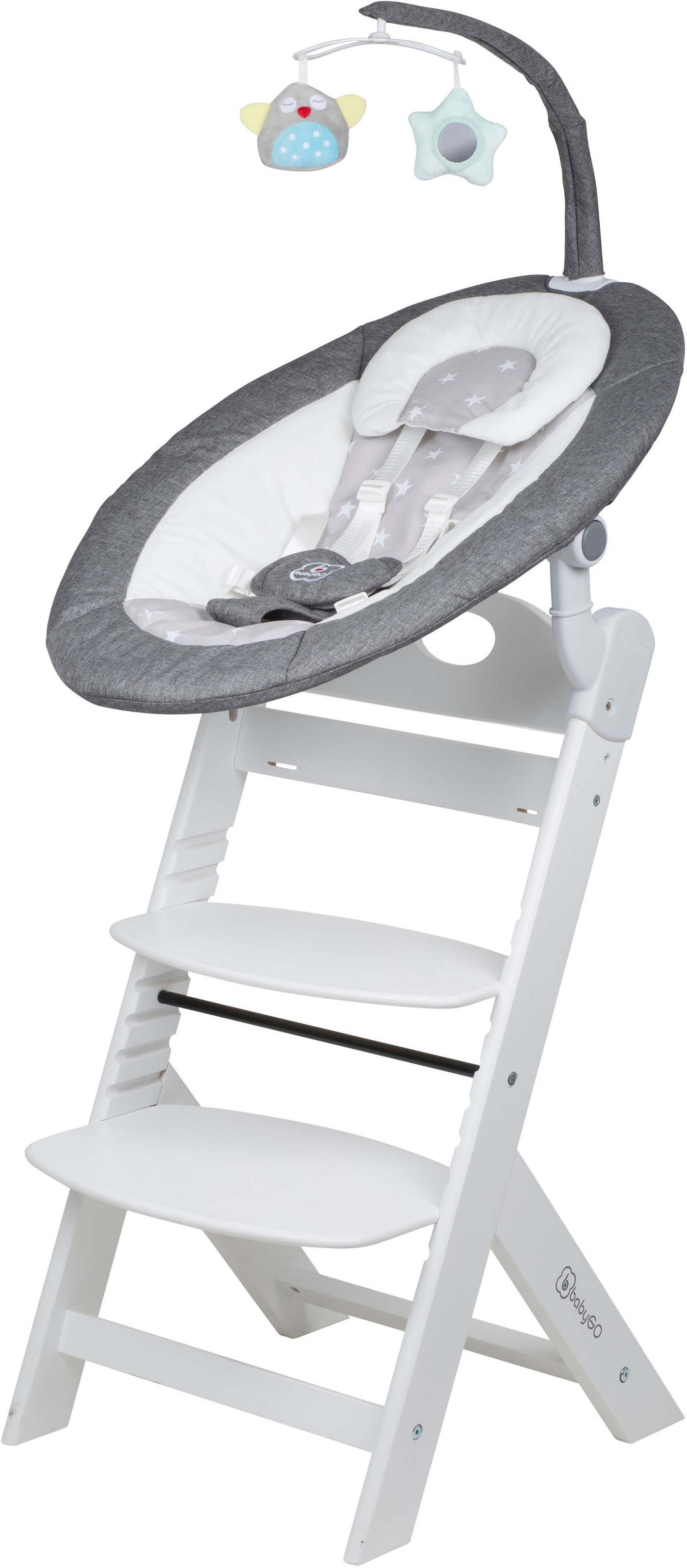 BabyGo Hochstuhl »Family Homey Set, weiß/hellgrau«, mit elektrischer Babywippe inkl. Spielbogen
