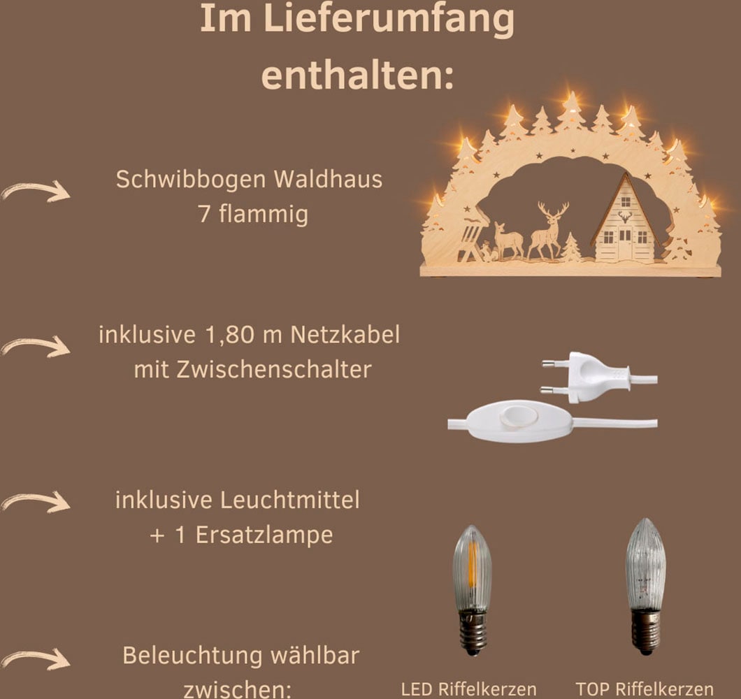 Weigla Schwibbogen »Waldhaus, Lichterbogen aus Holz, NATUR-BRAUN, Made in Germany«, Erzgebirge garantiert, Weihnachtsdeko Innen, Weihnachtsbeleuchtung