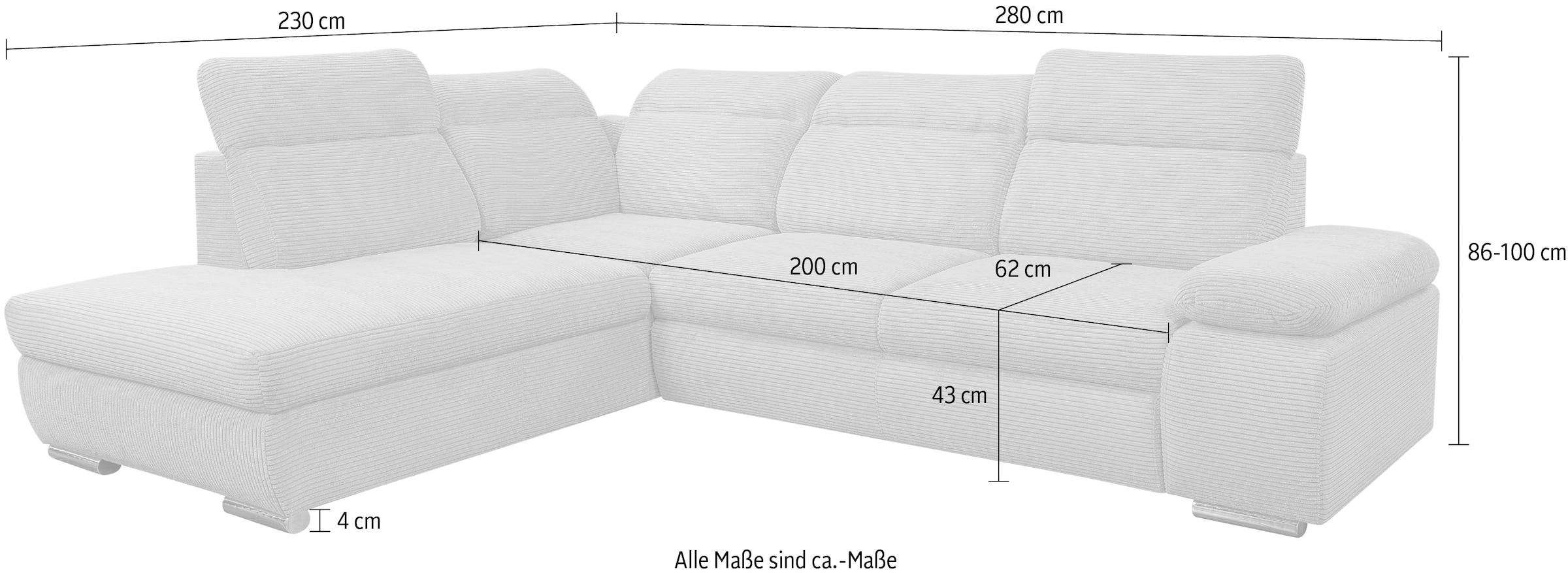 WERK2 Ecksofa »Alicante Cord, inkl. Bettfunktion & Bettkasten, Breite 280cm, L-Form« Schlafsofa mit Bettkasten & verstellbaren Kopfstützen.