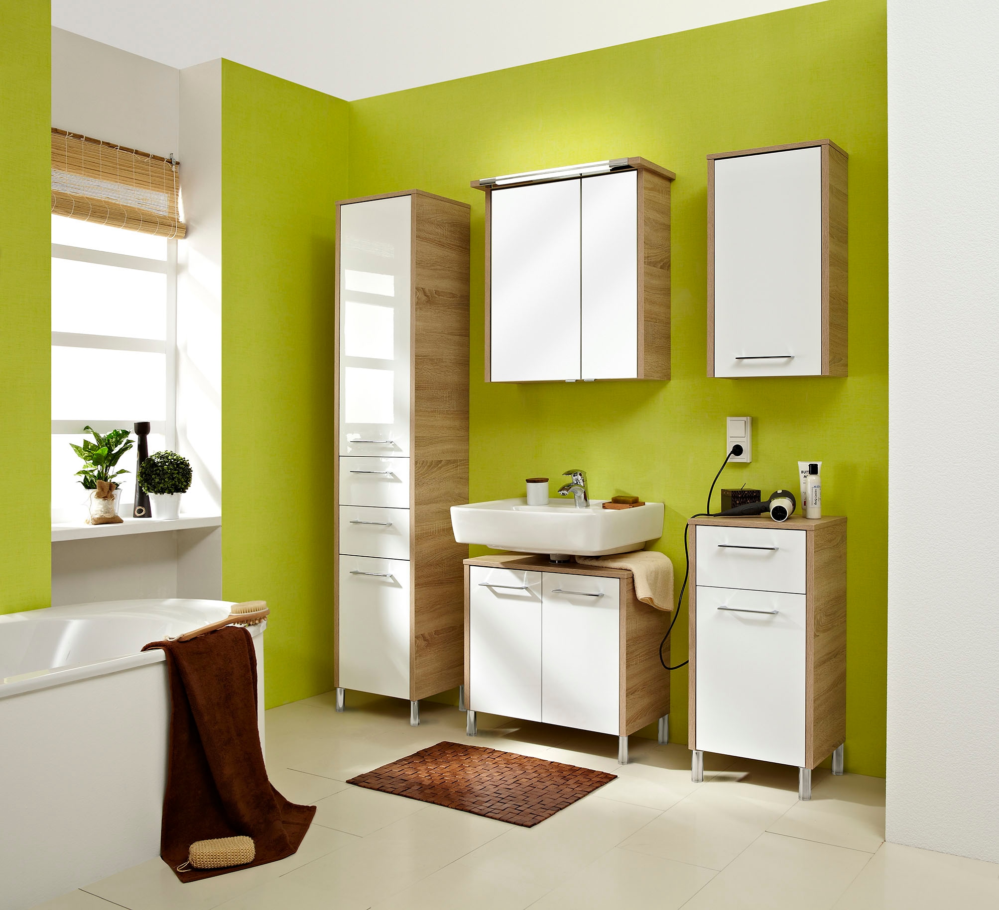 Saphir Hochschrank »Quickset 382 Badschrank 40 cm breit, 2 Türen, 2 Schubladen« Badezimmer-Hochschrank, Weiß Hochglanz, Griffe in Chrom glänzend