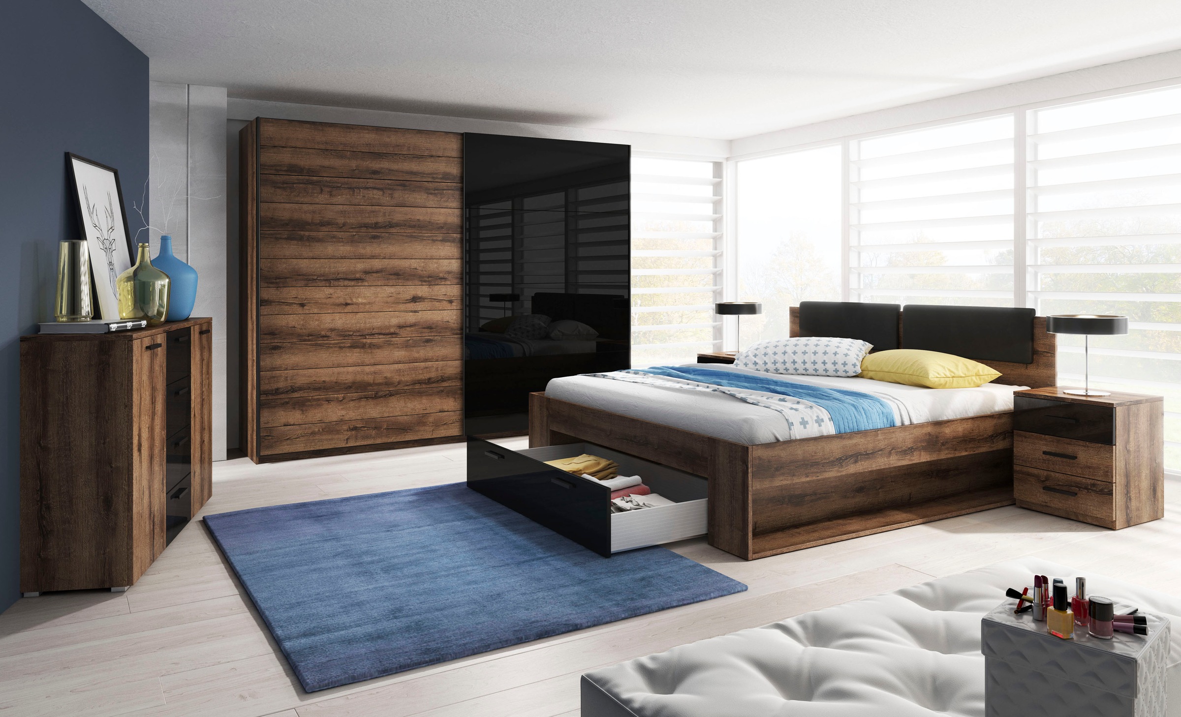 INOSIGN Schwebetürenschrank »Galaxy Kleiderschrank, Wäscheschrank 200, 220 oder 270cm breit«, INKLUSIVE kompletter Innenausstattung, Metallgriffe und Glasfront