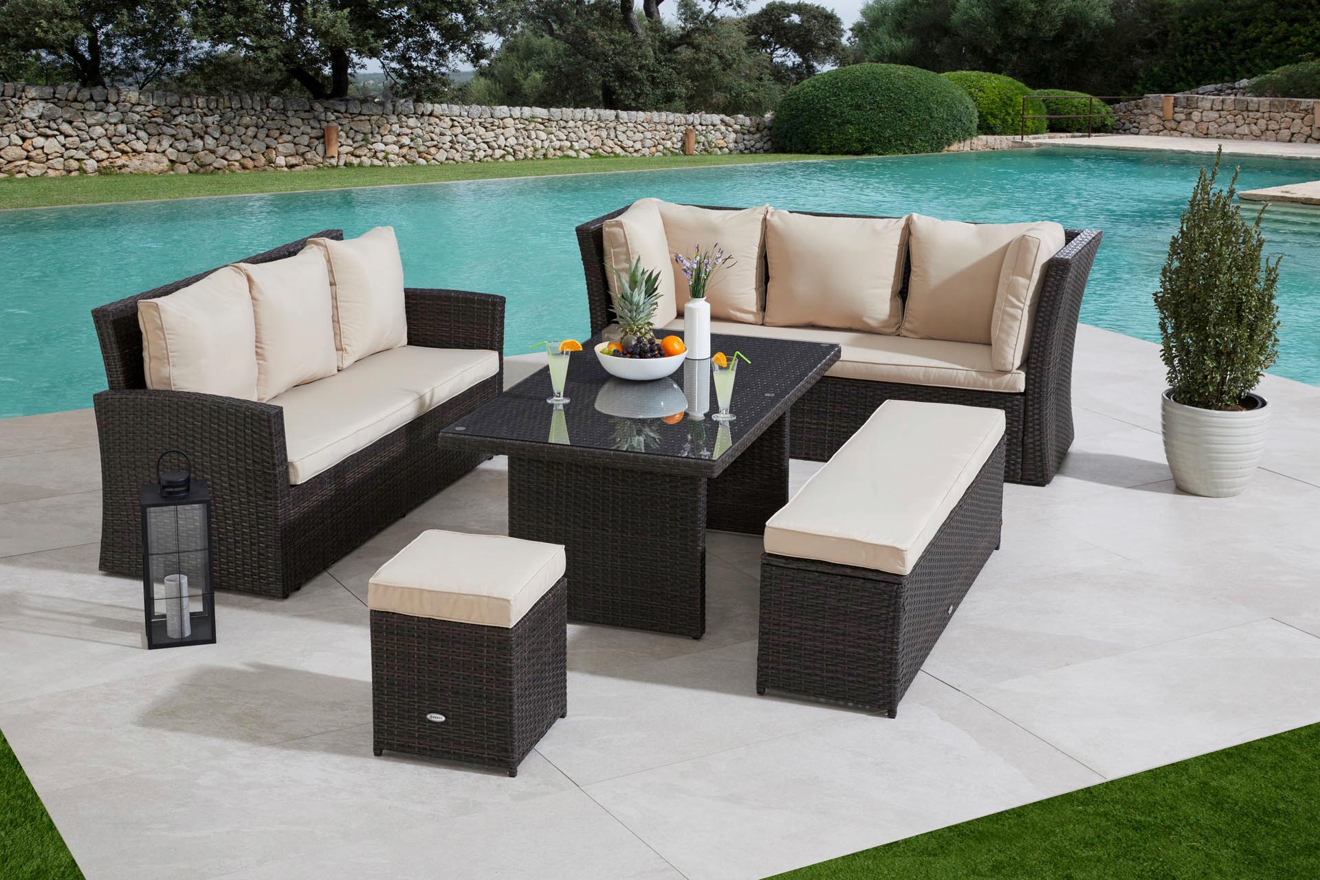 MERXX Gartenlounge-Set »Barcelona«, (5 tlg.), 2 Sofas, Sitzbank, Hocker, Tisch