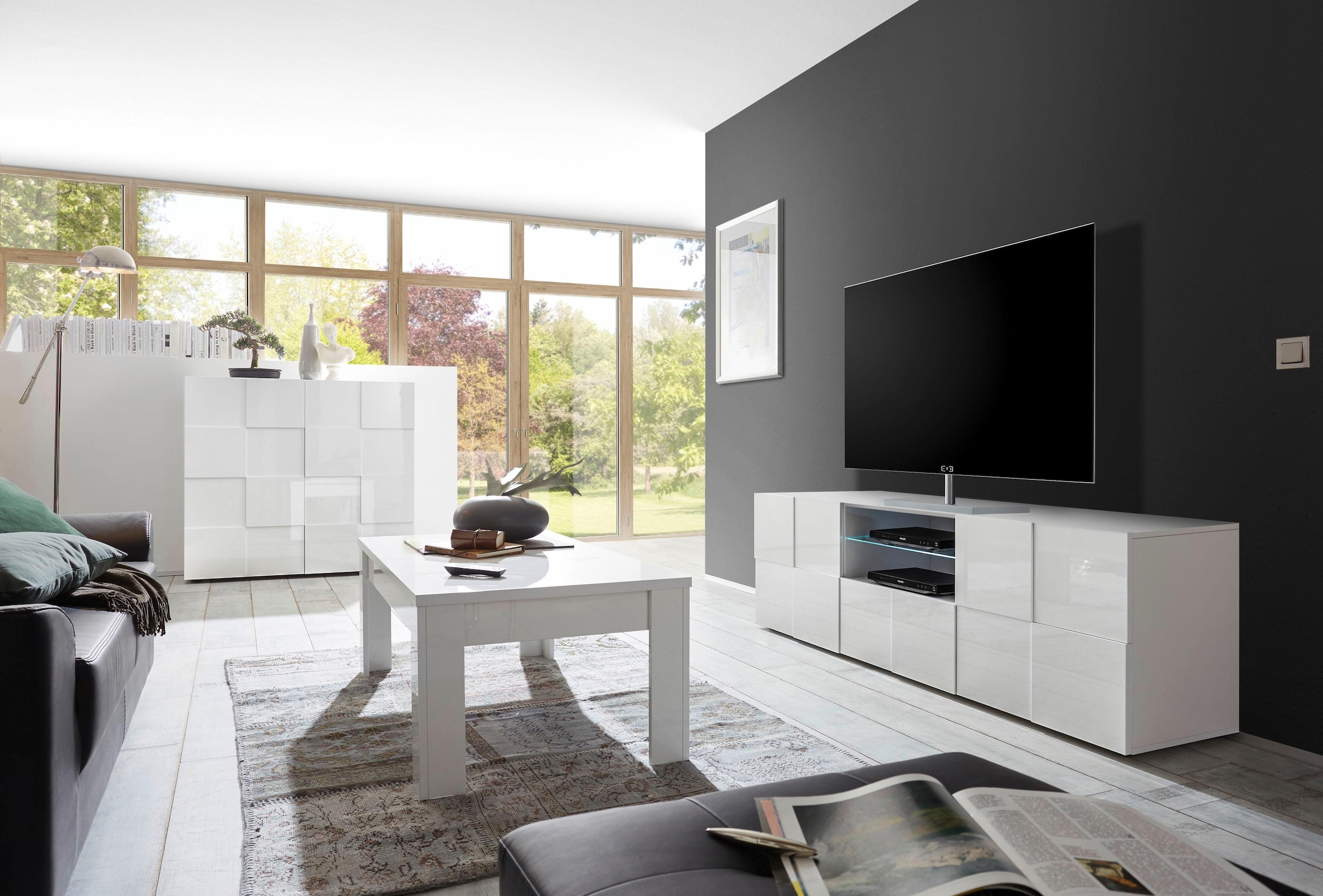 INOSIGN Highboard »Dama Höhe 111 cm, Breite 121 cm, Kommode 2 Türen, Hochkommode«, Front in 3D-Optik, viel Stauraum, verschiedene Farben