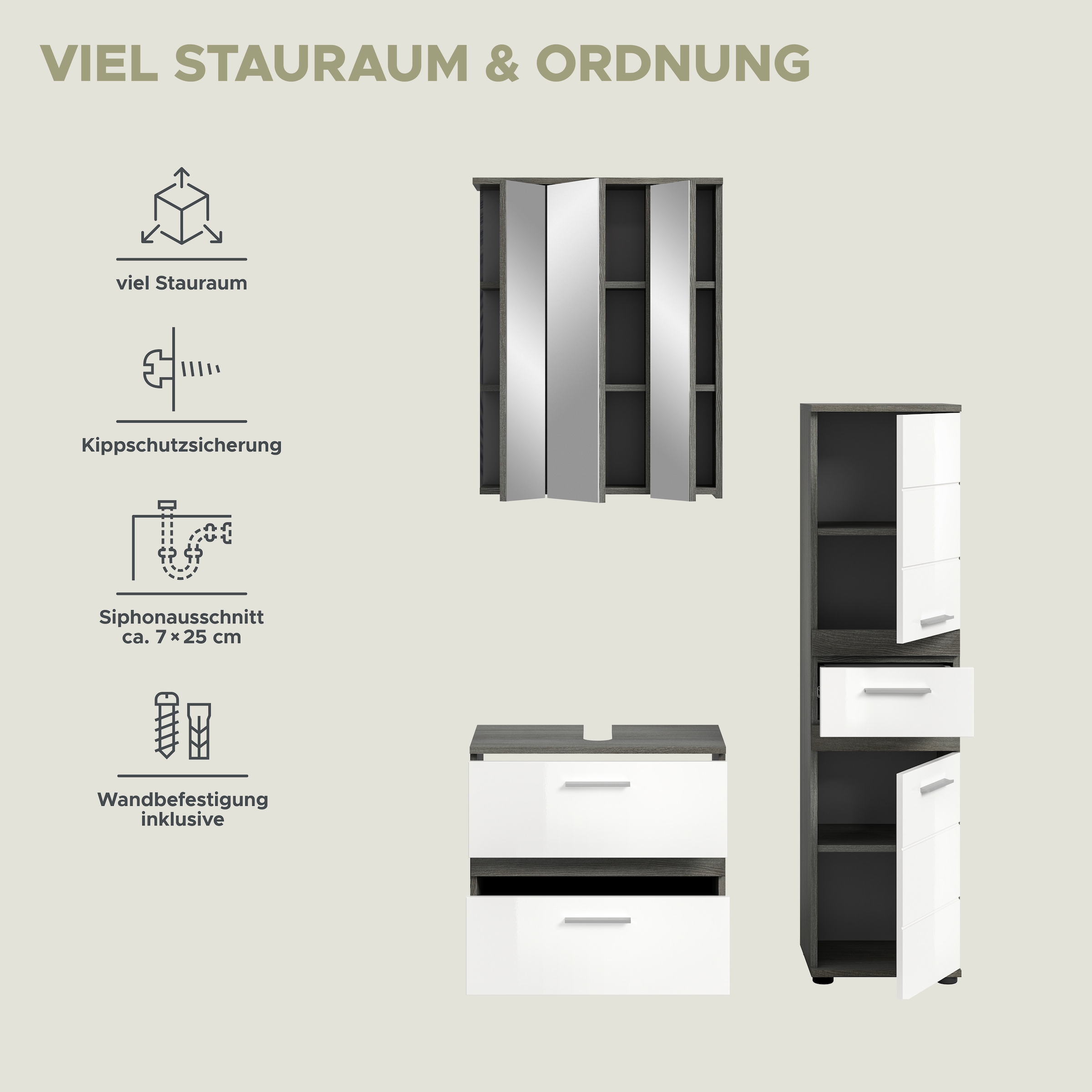 welltime Badmöbel-Set »LUCCA, 3-teilig, TOPSELLER!, hochwertige MDF Front«, (Set, 3 St., best. aus: Waschbeckenunterschrank, Spiegelschrank, Hochschrank), Badkombination, Bad-Möbel, Badezimmer, Kombination, Kombi