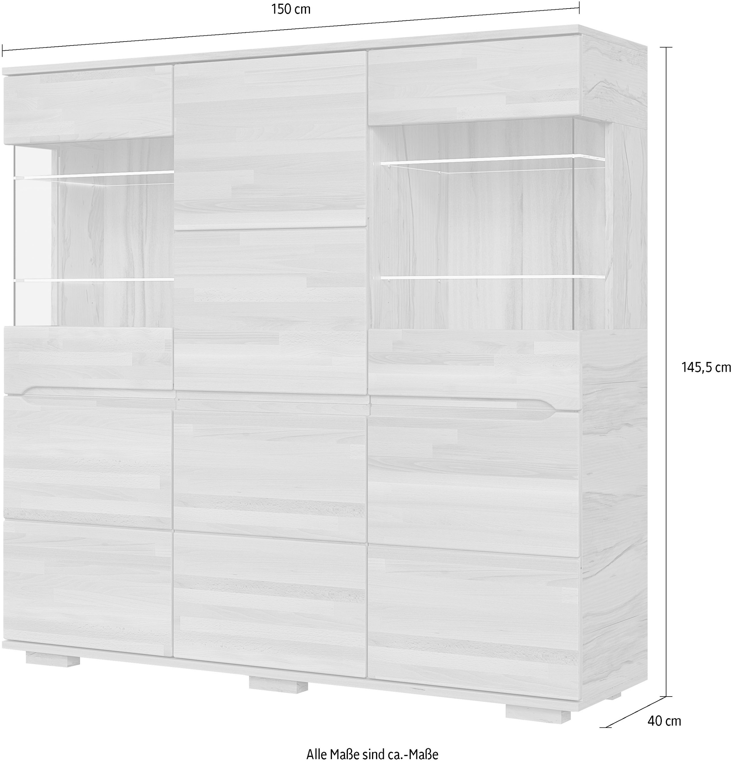 OTTO home Highboard »VETRO Teilmassiv, Fronten Massivholz, Wohnzimmer, Stauraum,Griffmulde« B/T/H:150/40/1445,5cm, 15geschlossene Fächer,verstellbare Einlegeboden