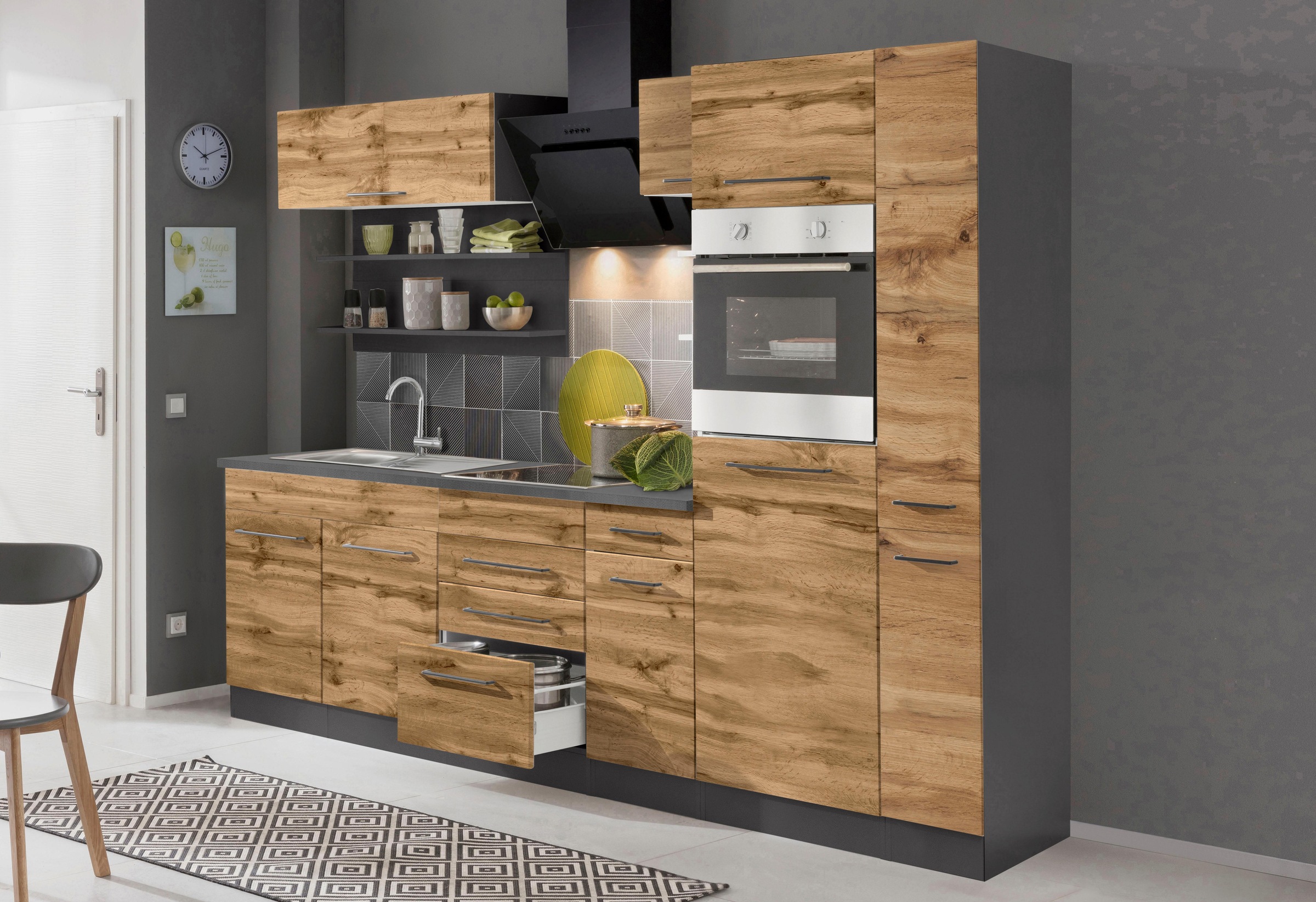 KOCHSTATION Küchenzeile »KS-Tulsa« mit E-Geräten, Breite 270 cm, schwarze Metallgriffe, MDF Fronten