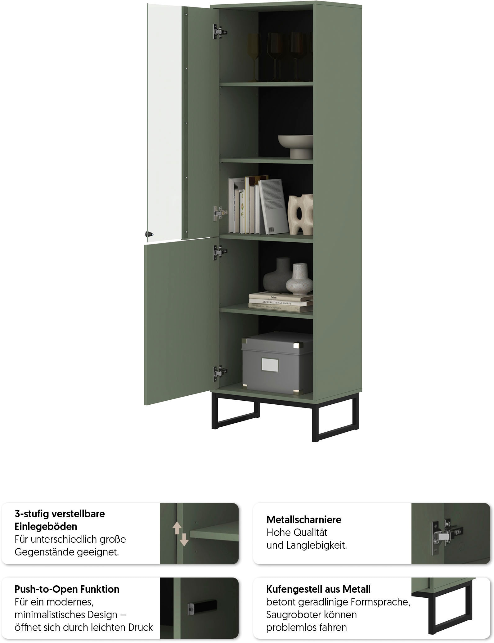 OTTO home Vitrine »Loft, Höhe 180 cm, moderne Standvitrine mit 2 Türen, Metallkufen« Hochschrank mit viel Stauraum, Glastür und verstellbaren Einlegeböden