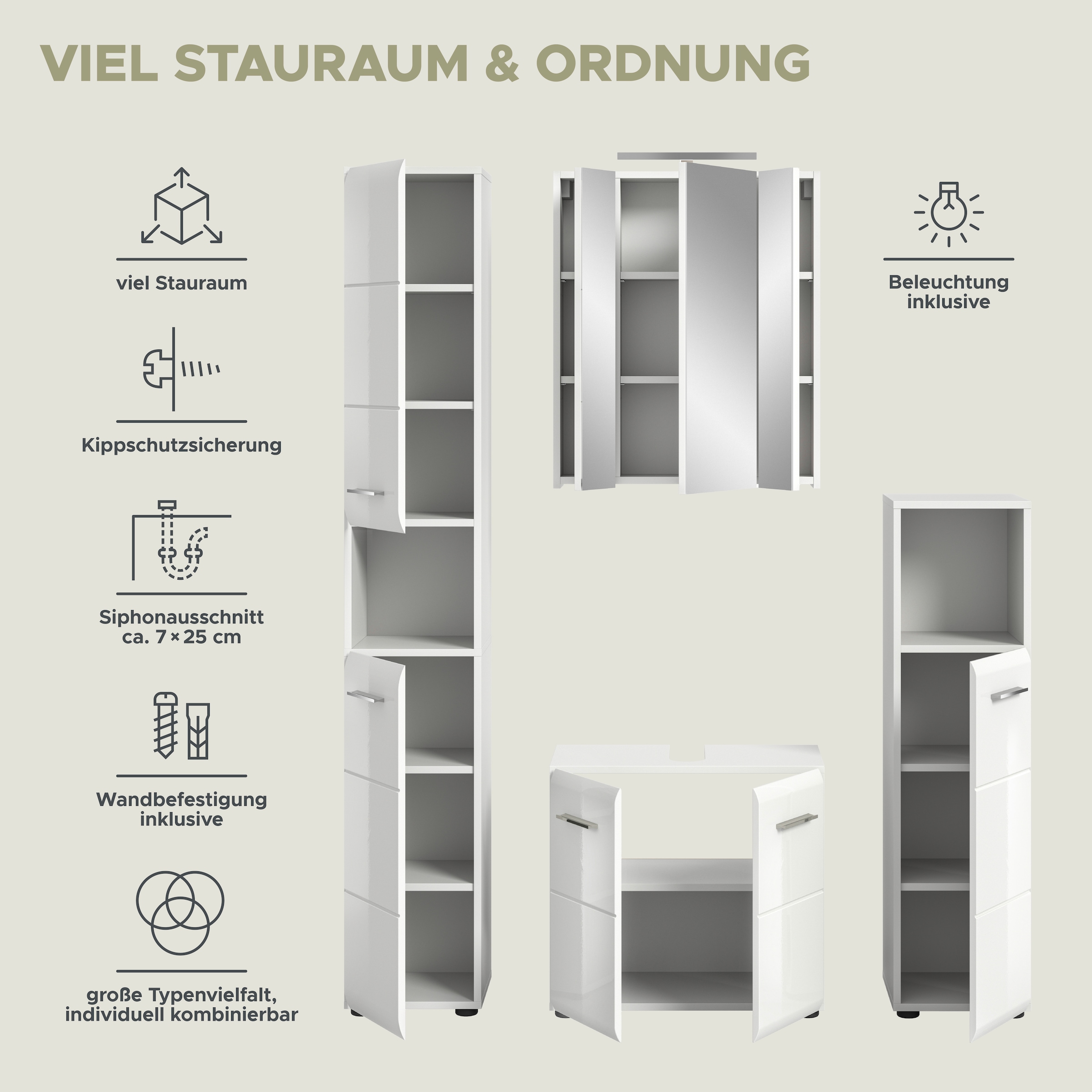 INOSIGN Badezimmer-Set, (Set, 5 St.), Florenz, Badkombination 5-tlg., Weiß hochglanz,l inkl Beleuchtung