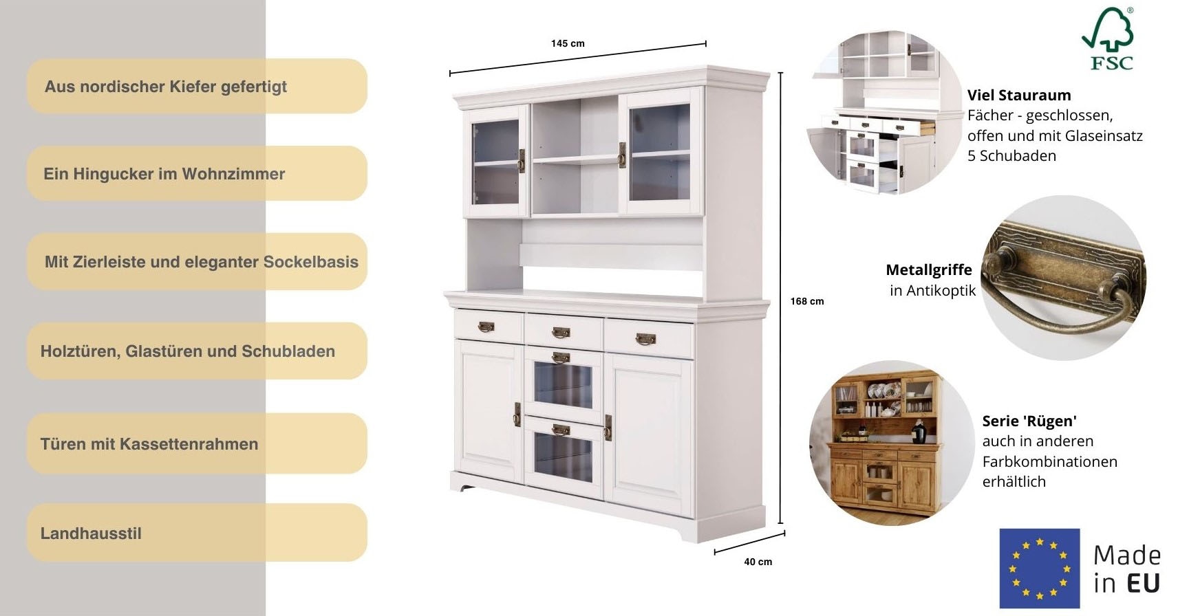 Home affaire Buffet »Rügen«, zertifiziertes Massivholz, im Landhausstil