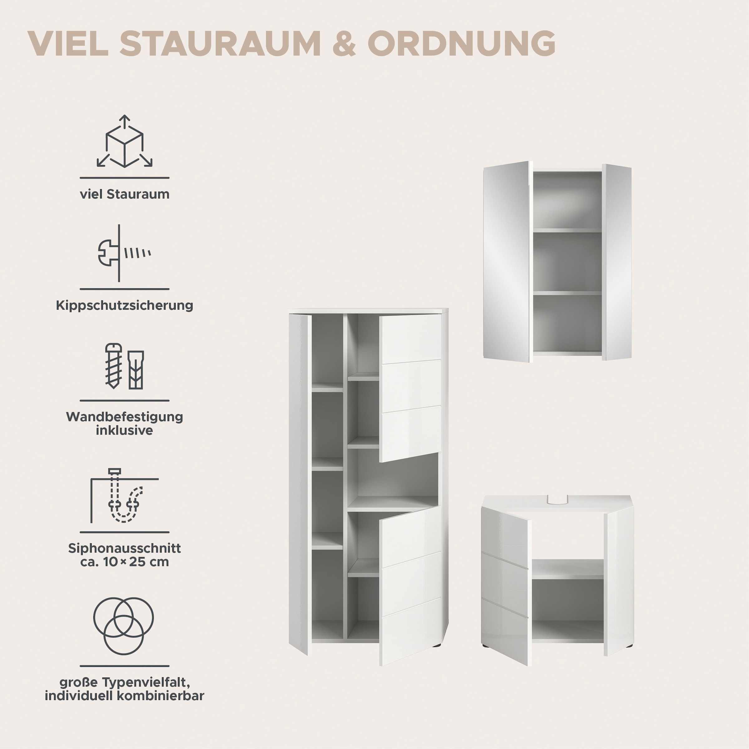 welltime Badmöbel-Set »Biel, Höhe 190 cm, Midischrank, Unterschrank, Spiegelschrank«, (3 St.), Bad Set, modernes Design, Hochschrank, Unterschrank, Spiegel