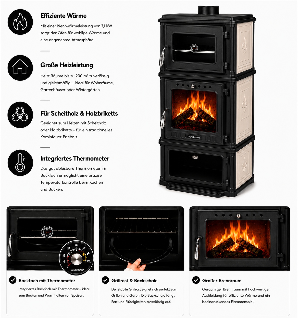Hanseatic Kaminofen »Minerva, Gussofen mit Backofen und Beige emaillierten Seiten« Großer Feuerraum