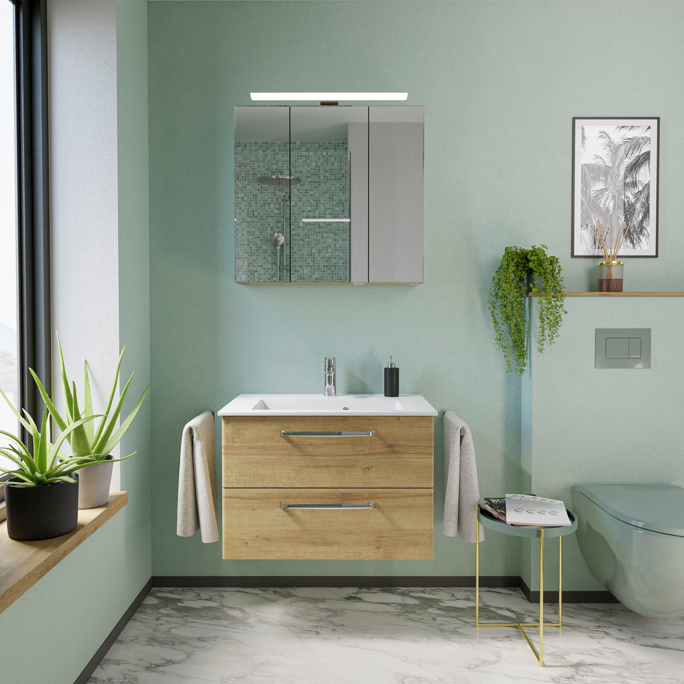 Saphir Badmöbel-Set »Trentino 2-tlg Mineralmarmor-Waschtisch,Spiegelschrank mit LED-Leuchte« 3 Stk. tlg.