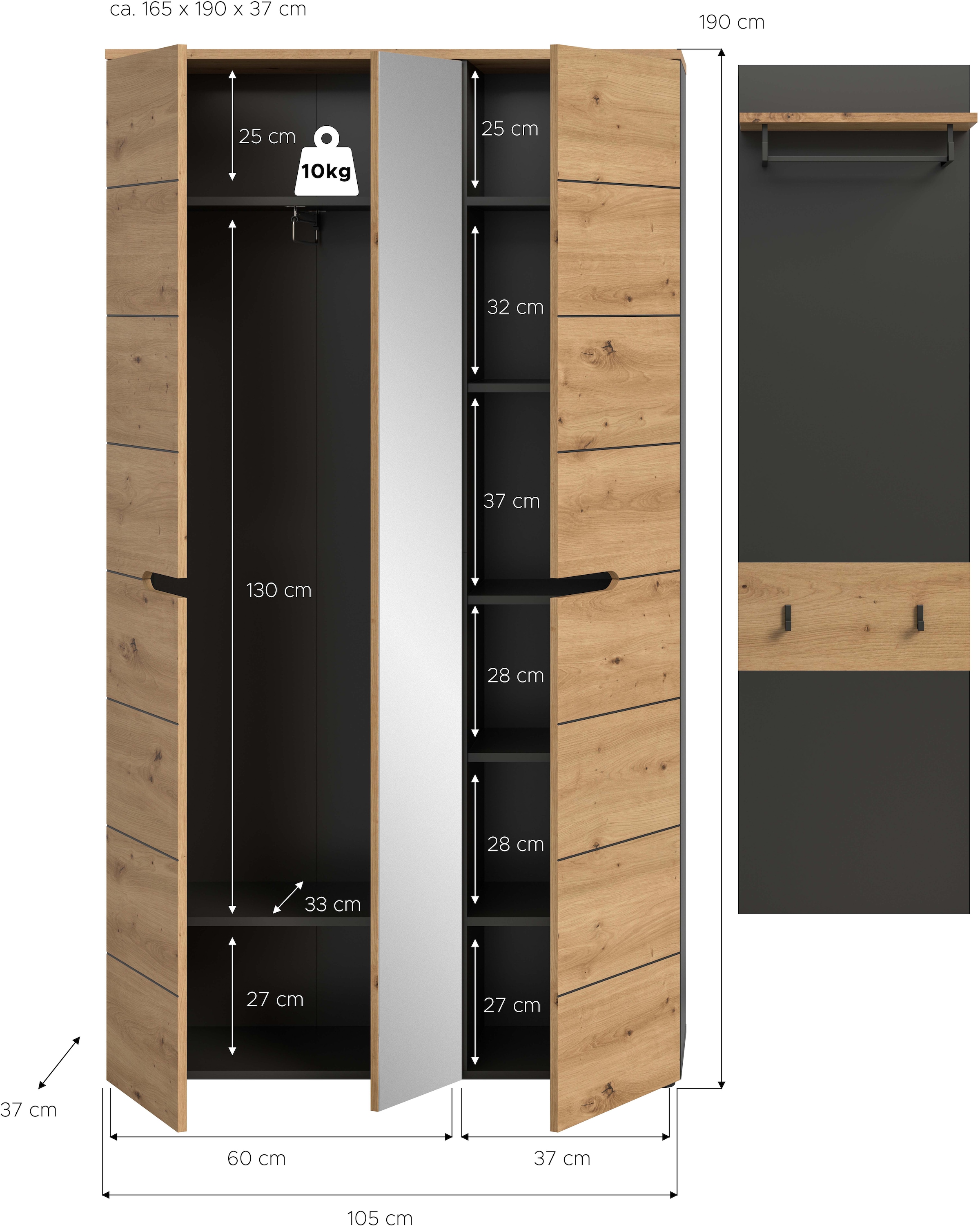 Home affaire Garderoben-Set »REHAT, TOPSELLER!, 2-teilig, Breite 165 cm, individuell stellbar« Set, best. aus: Garderobenschrank & Garderobenpaneel, 2 Stk. tlg.