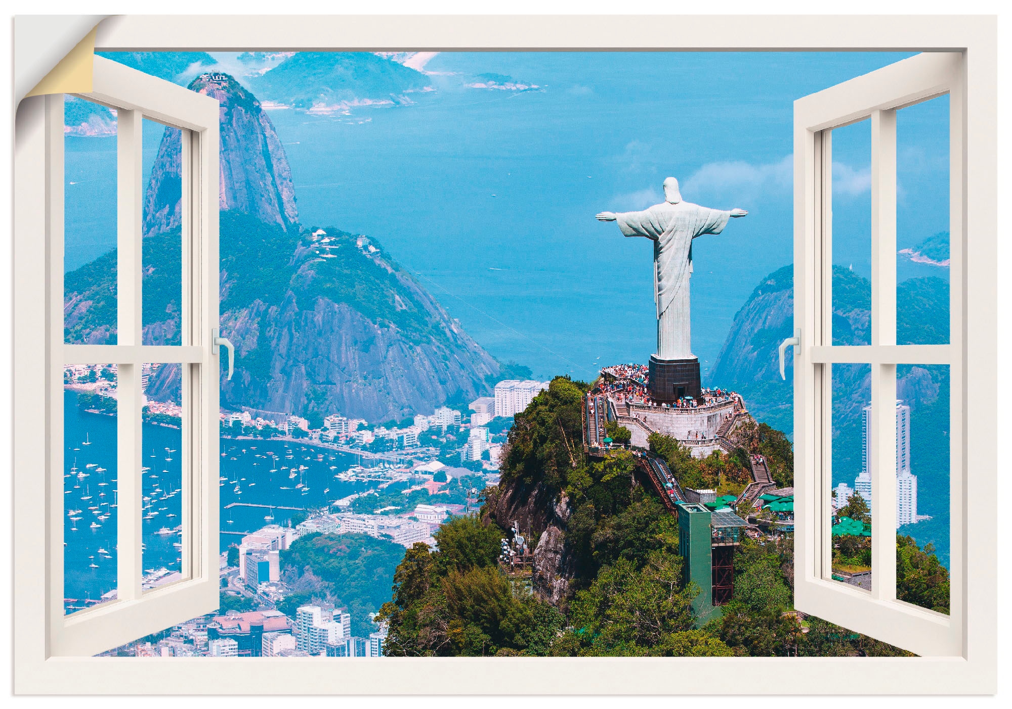 Artland Wandbild »Fensterblick Leinwandbild, in Wandaufkleber Größen als oder versch. Janeiro Rechnung Alubild, Cristo«, mit de Rio St.), Poster bestellen Gebäude, auf (1