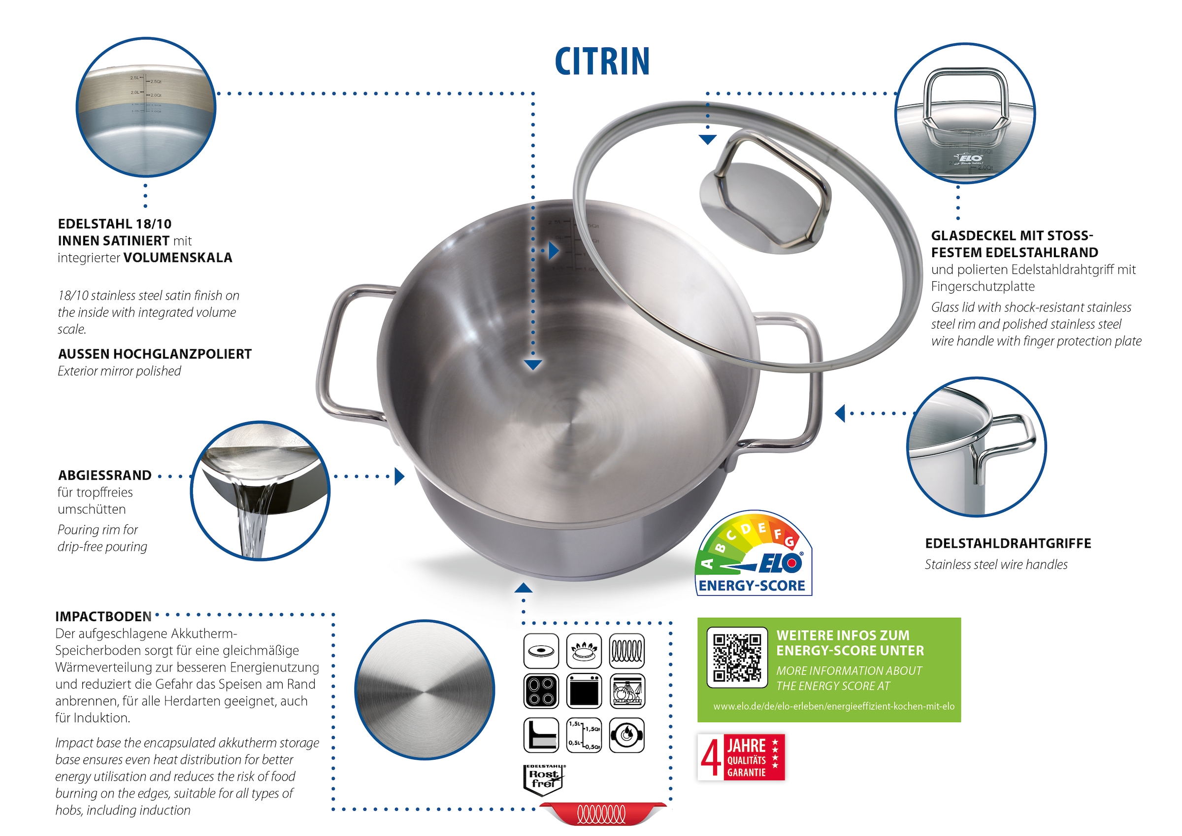 Elo Topf-Set »Citrin 13-teilig«, Edelstahl 18/10, (Set, 13 tlg.), Induktion