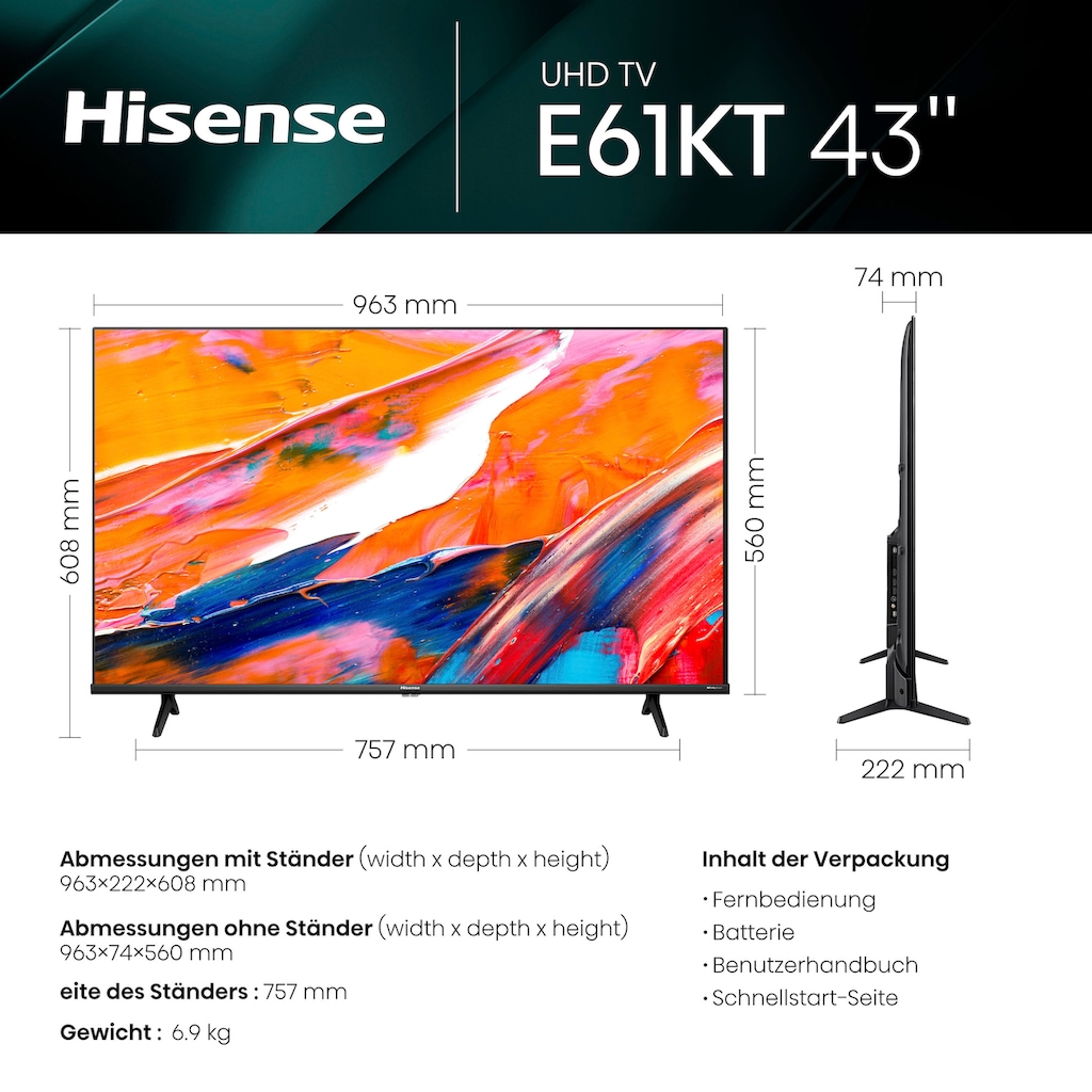Hisense LED-Fernseher »43E61KT«, 108 cm/43 Zoll, 4K Ultra HD, Smart-TV, Smart-TV, Dolby Vision, Triple Tuner DVB-C/S/S2/T/T2-Alexa Built-In, DTS Virtual X
