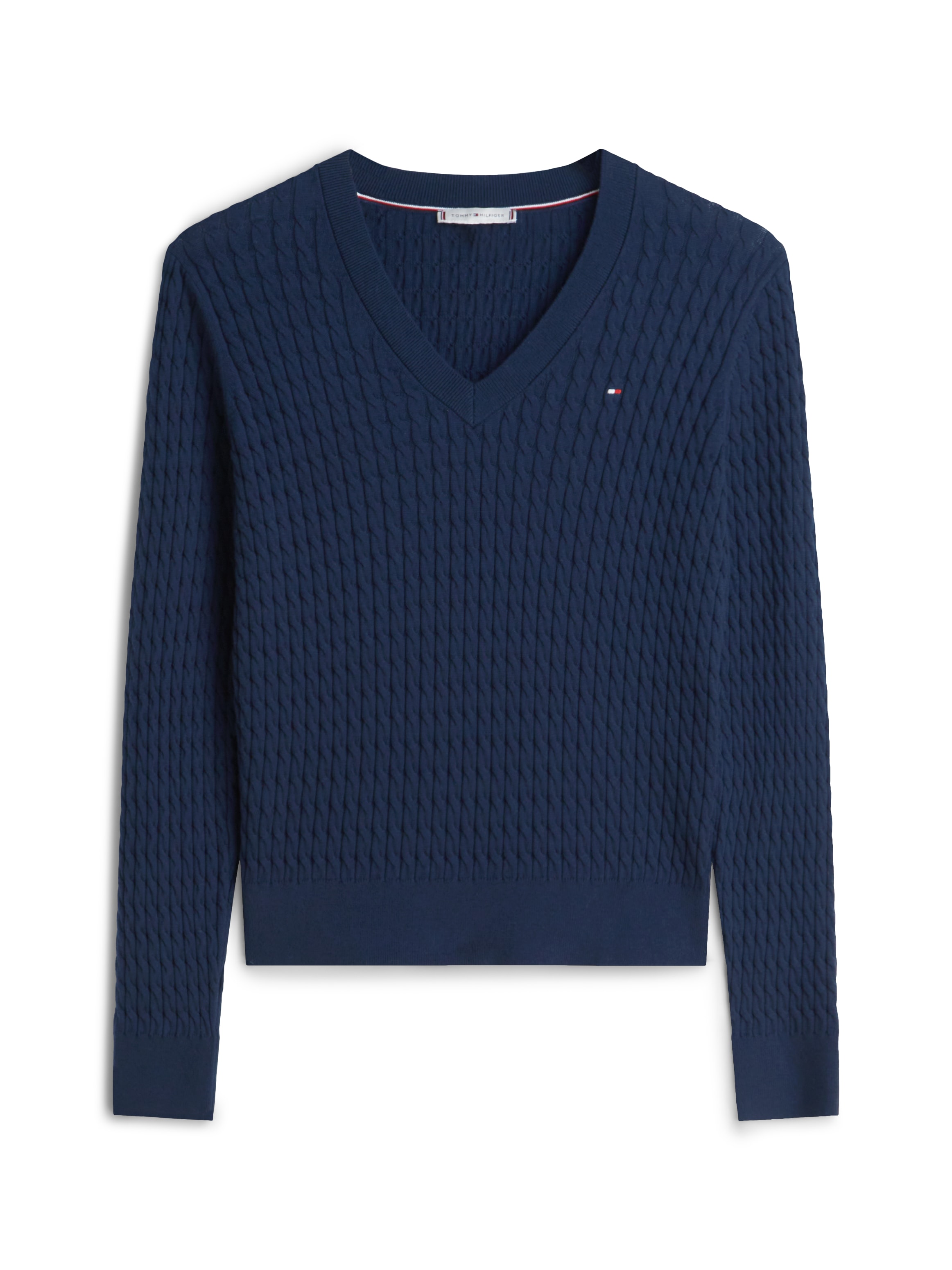 Tommy Hilfiger V-Ausschnitt-Pullover »CO CABLE V-NK LS SWT« mit Zopfmuster, Logostickerei