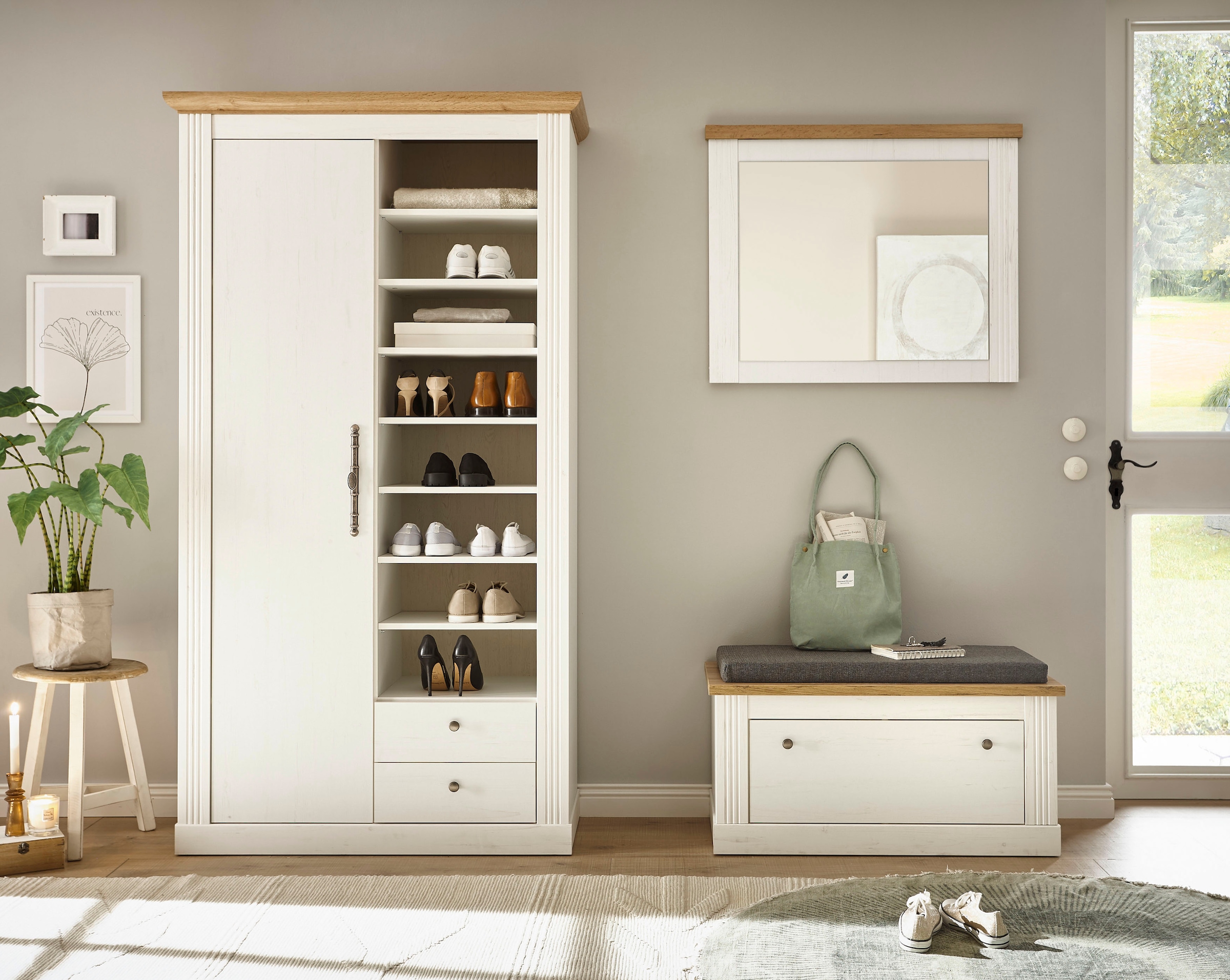 Home affaire Garderoben-Set »WESTMINSTER BESTSELLER!«, (3 St., Schuhbank, Spiegel, Garderobenschrank), im romantischen Landhausstil