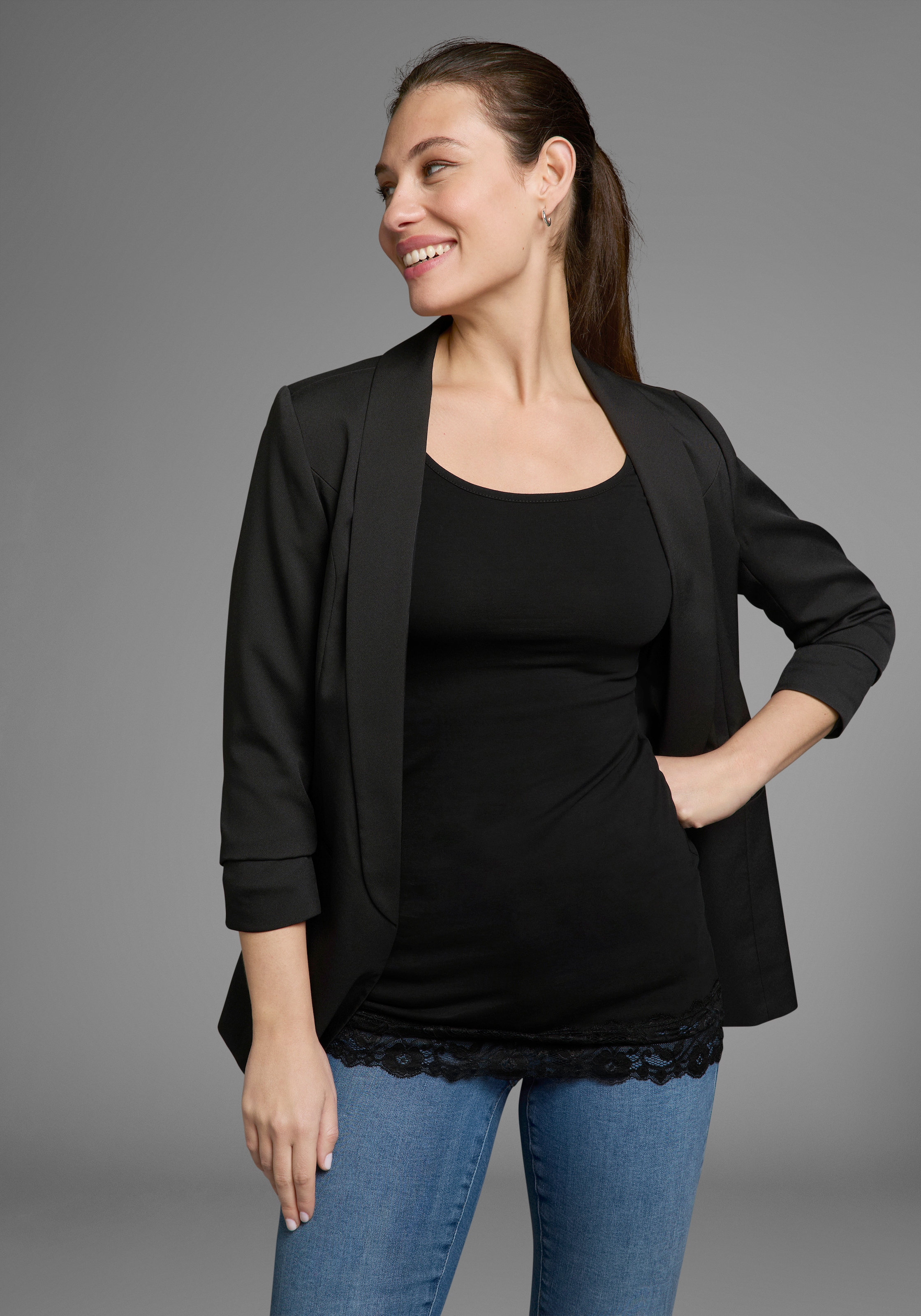 AJC Longshirt Langarm,  figurbetonter Schnitt,  unifarben,  Rundhalsausschnitt