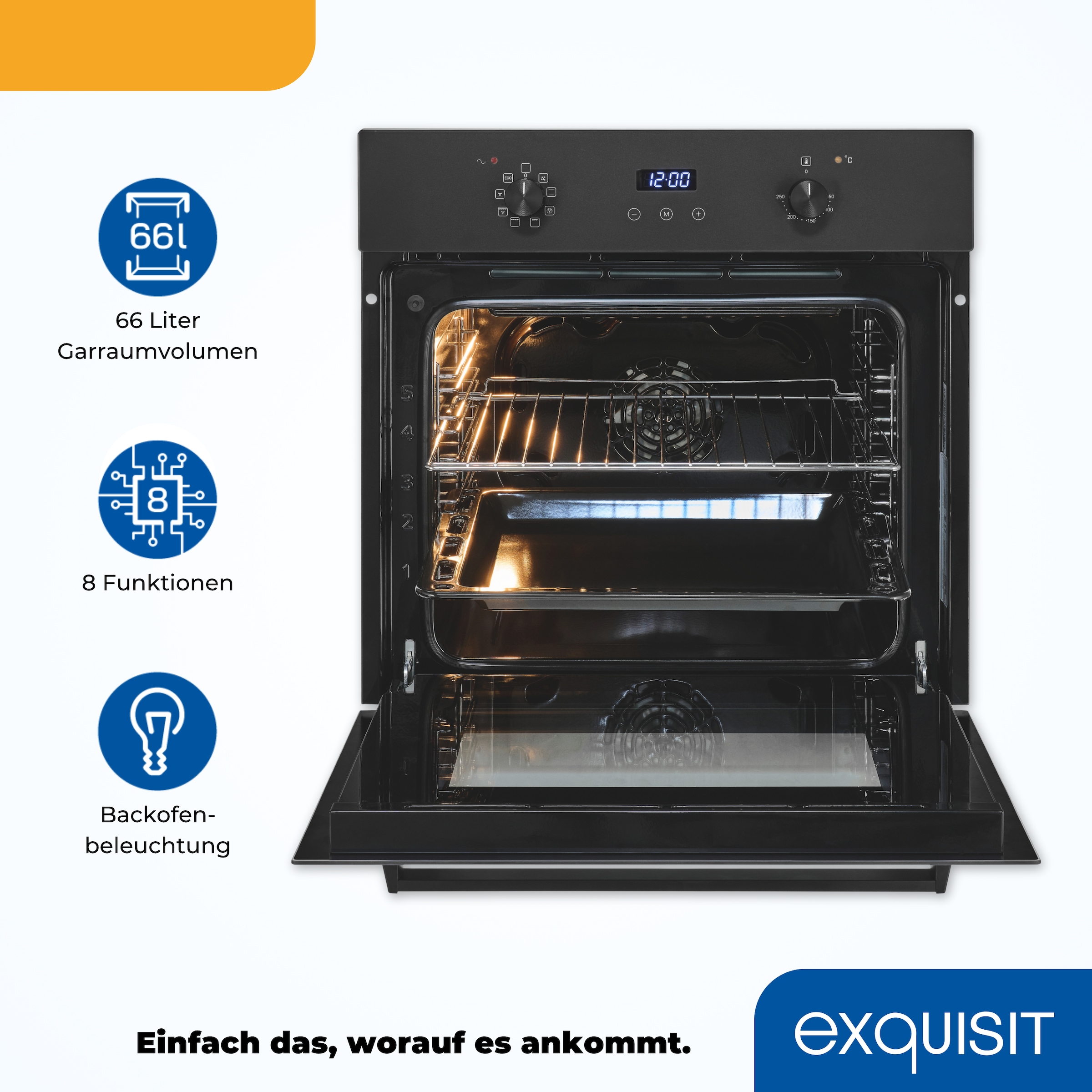 exquisit Einbaubackofen »EBE367-H-120 mattschwarz« Heißluft & dreifach verglaste Tür – Wärme bleibt sicher im Ofen!