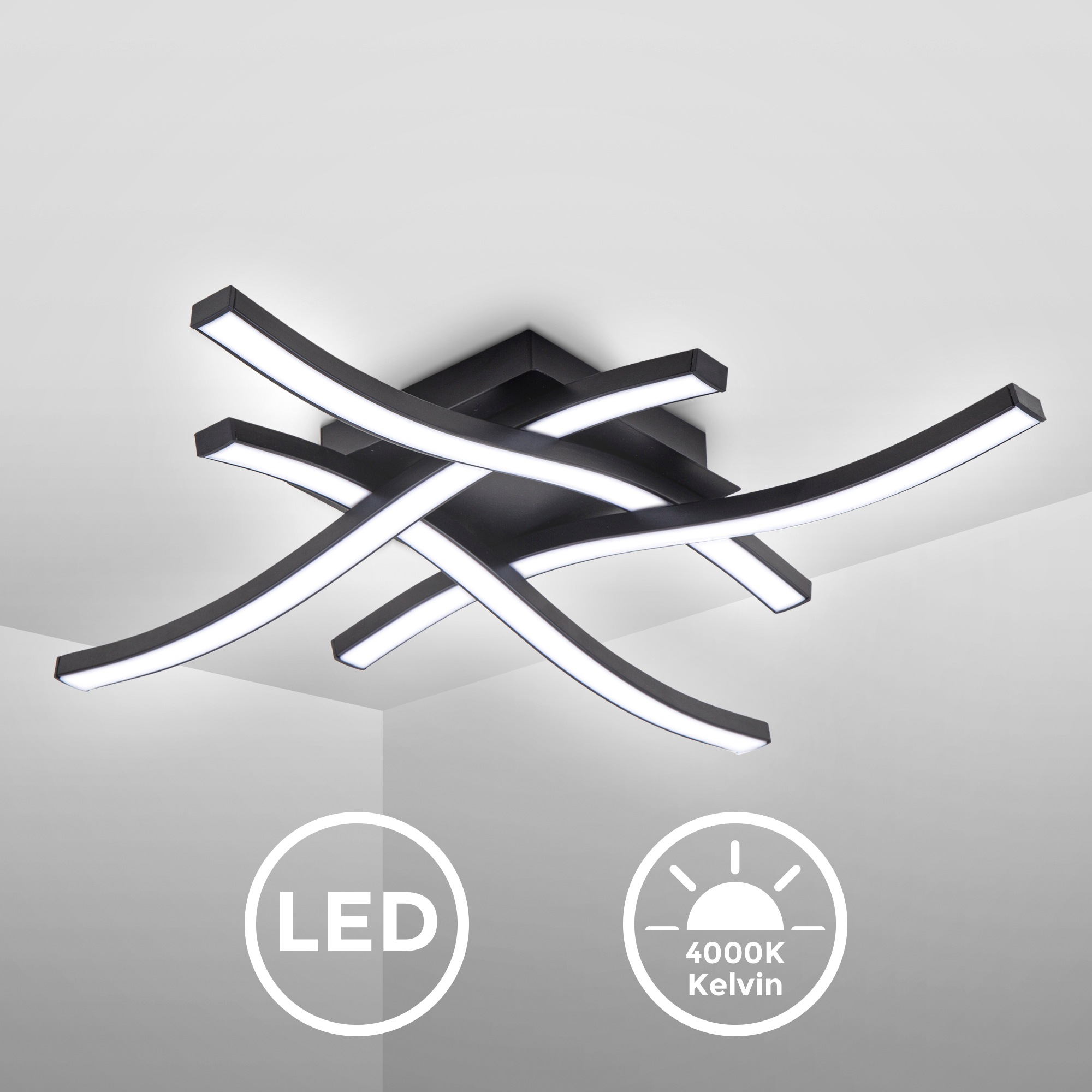 B.K.Licht LED Deckenleuchte »BK_DL1431 LED-Deckenlampe, Neutralweißes Licht, Schwarz, Wellenförmig«, 1 flammig, Leuchtmittel LED-Modul | LED fest integriert, 4-Flammig, 4.000K, 20W, 2.000 Lm, 425x425x70 mm
