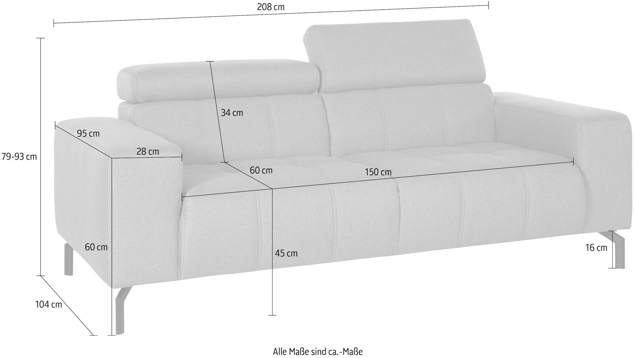DOMO collection 2-Sitzer »Cunelli zeitlos und elegant, moderne Sitznähte als Designelement,« wahlweise mit 6-fach verstellbaren Kopfteilen, fester Sitzkomfort
