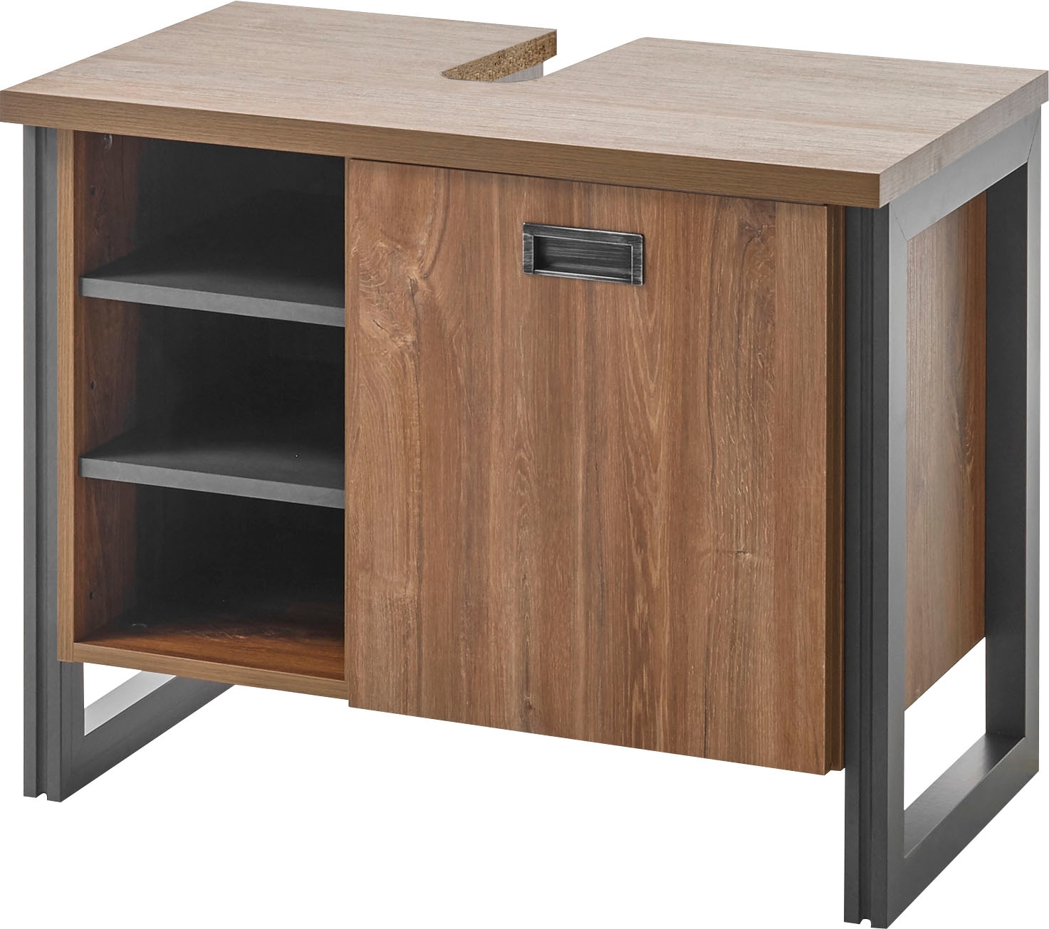 Home affaire Badmöbel-Set »Detroit, Bad im Industrialdesign, inkl. LED, 2-teiliges Badezimmer«, (2 St.), Waschbeckenunterschrank und Spiegel, holzfarben, mit offenen Fächern