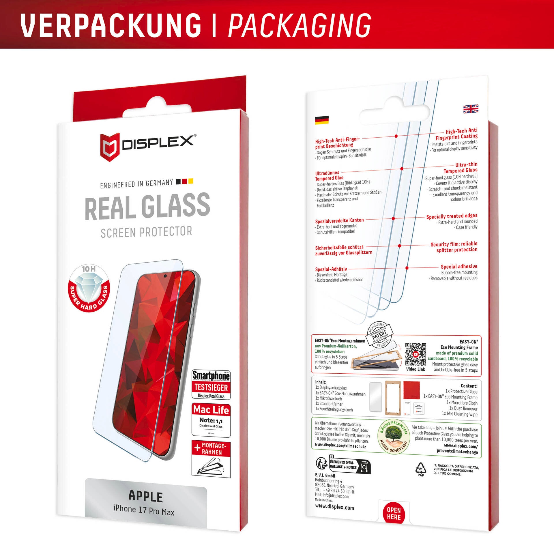 Displex Displayschutzglas »Real Glass Screen Protector«, für Apple iPhone 17 Pro Max, Displayschutzfolie, Schutzfolie, Bildschirmschutz, kratz- & stoßfest