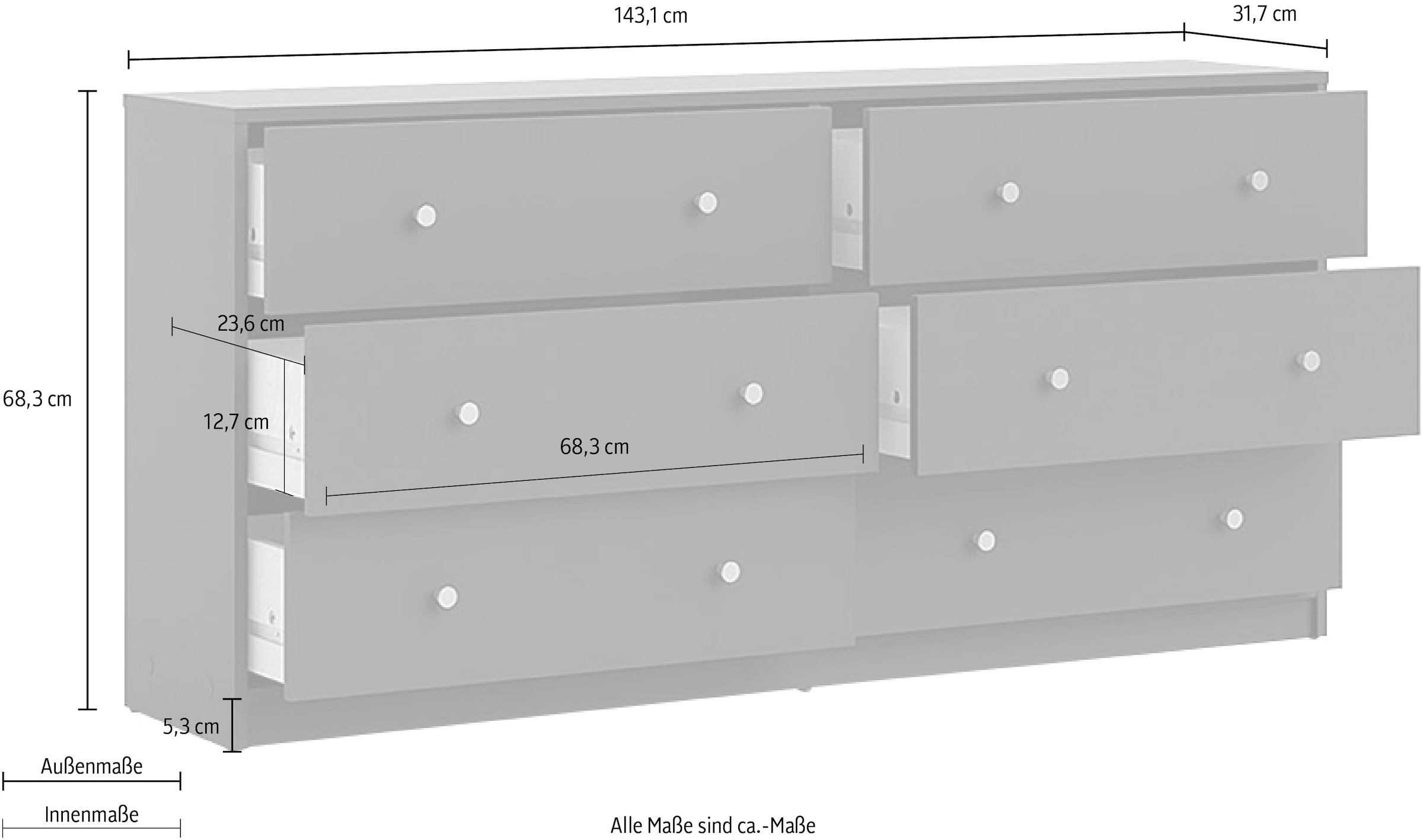 Home affaire Sideboard »May, Aufbewahrung, Schubkastenkommode, Stauraum«, mit 6 Schubladen, Knopfgriffen,Tiefe von 30 cm, Breite 143 cm