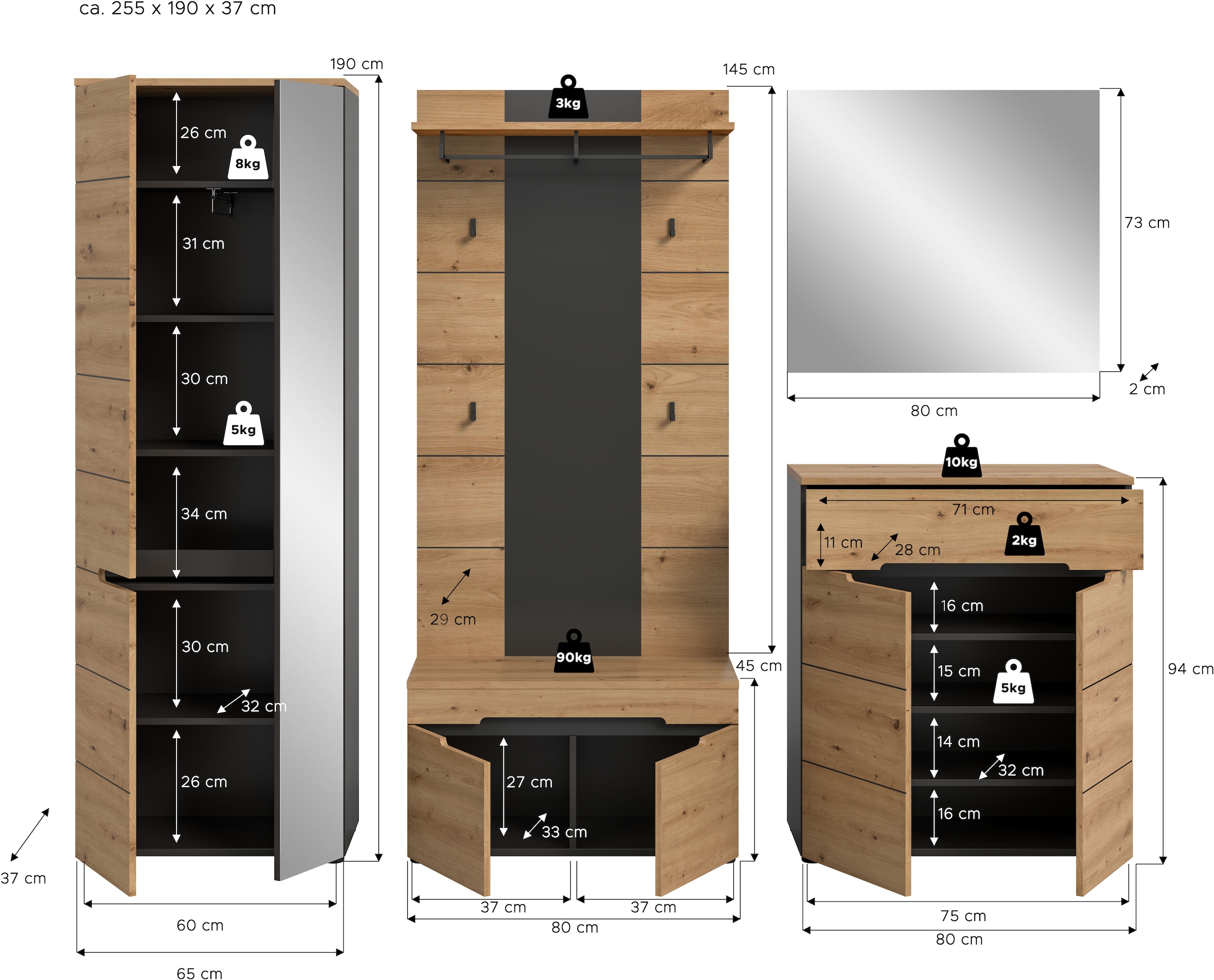INOSIGN Garderoben-Set »REHAT, TOPSELLER!, 5-teilig, Breite 255cm, individuell erweiterbar« Set, bestehend aus: Garderobenschrank, Sitzbank, Paneel, Spiegel, Kommode, 5 Stk. tlg.