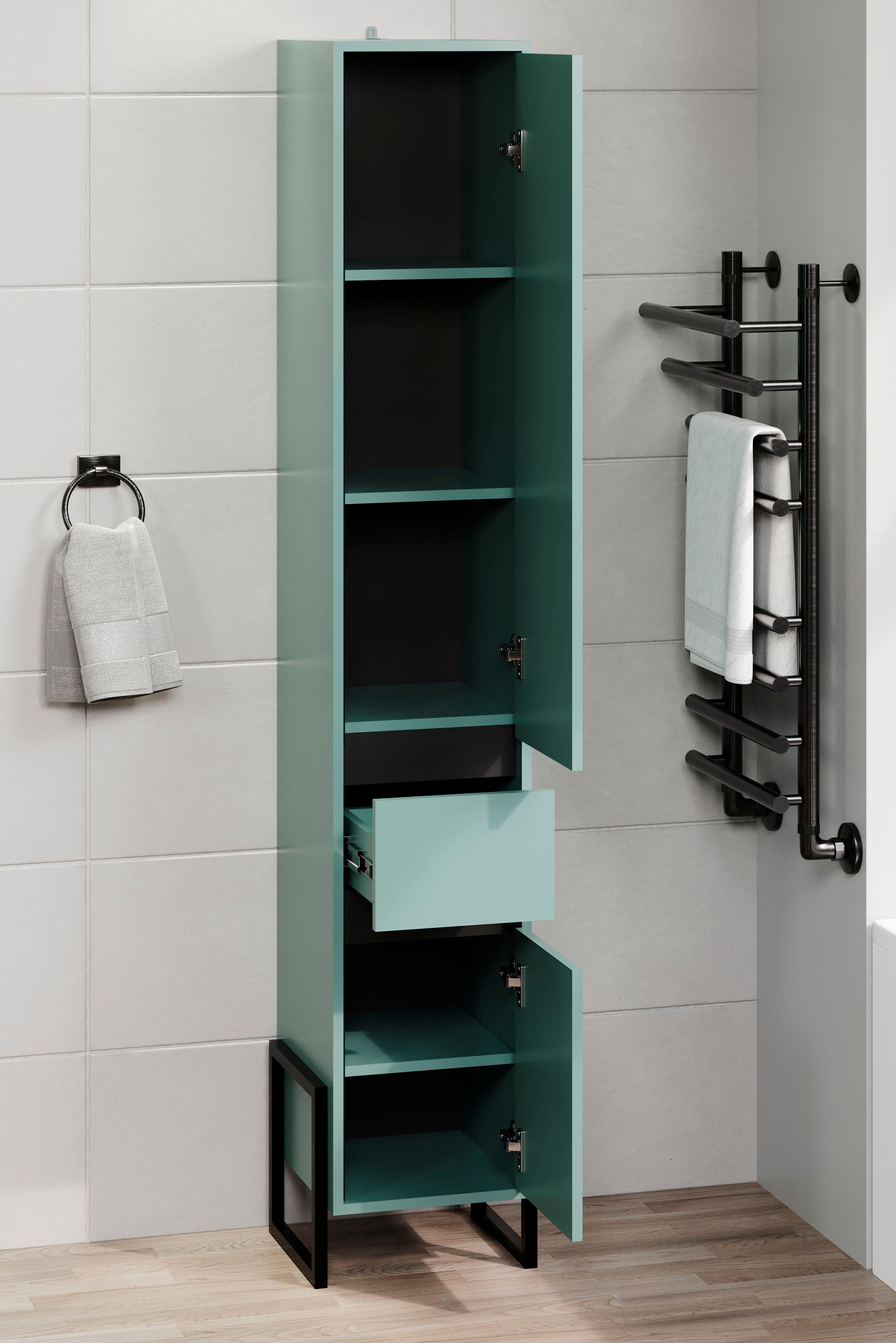 welltime Hochschrank »Malcesine«, (1 St.), Griffloser Badschrank in Blau mit Metallgestell - (B/T/H) 36/35/190 cm