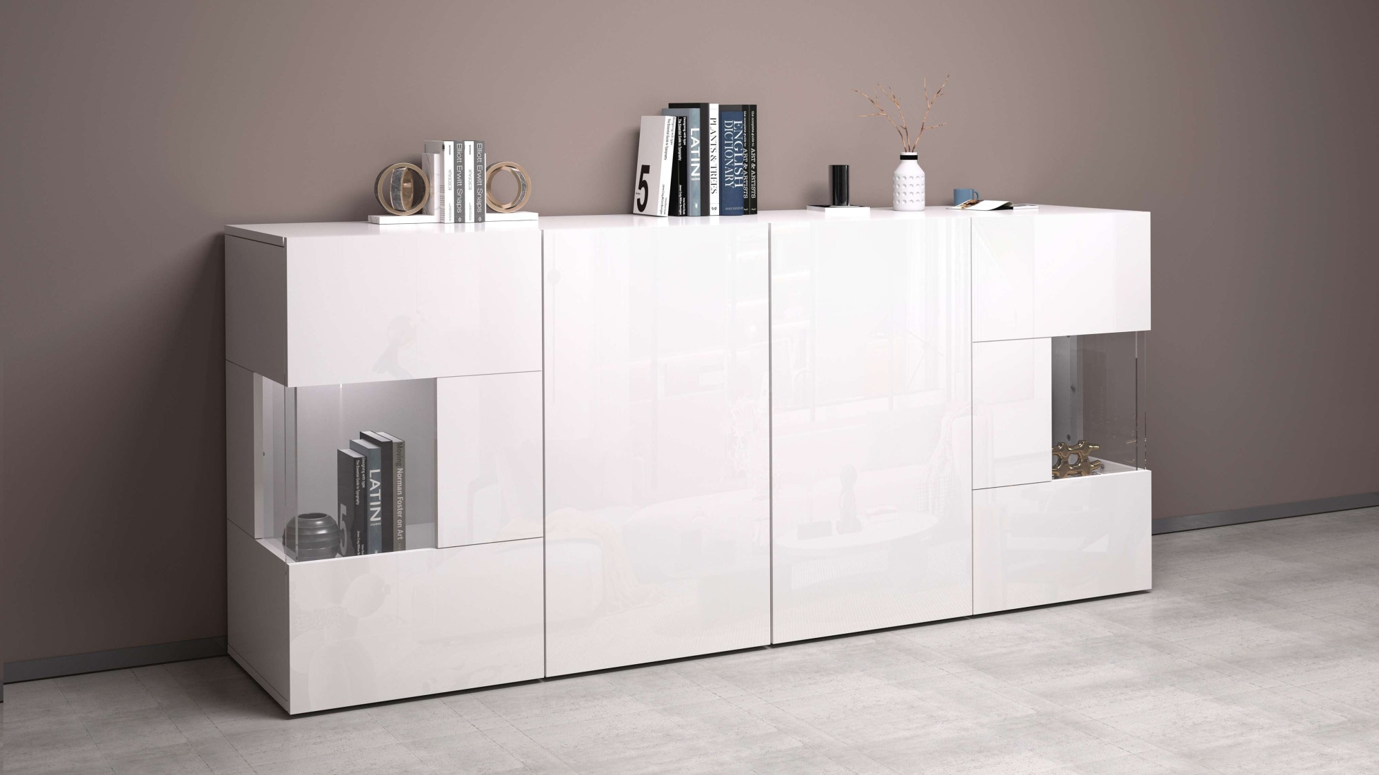 INOSIGN Sideboard »Egypt, Kommode, Schrank, Kredenz, Vitrine grifflos«, 4 Türen davon 2 mit Glaseinsatz, kompl. Hochglanz lackiert, Breite 180