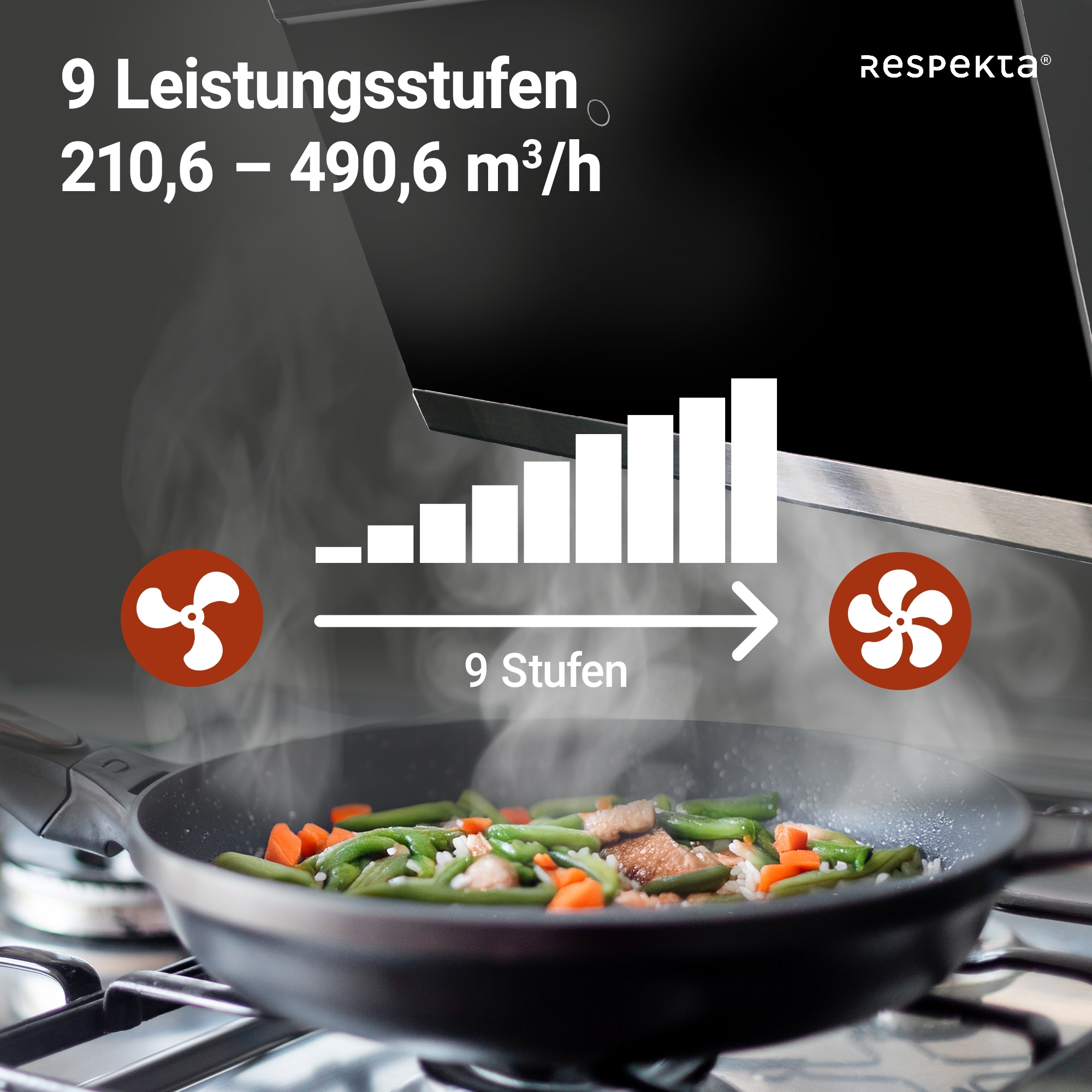 RESPEKTA Kopffreihaube »CH89060S«, 60 cm, 9 Leistungsstufen, LED-Beleuchtung, Ab- und Umluftfähig