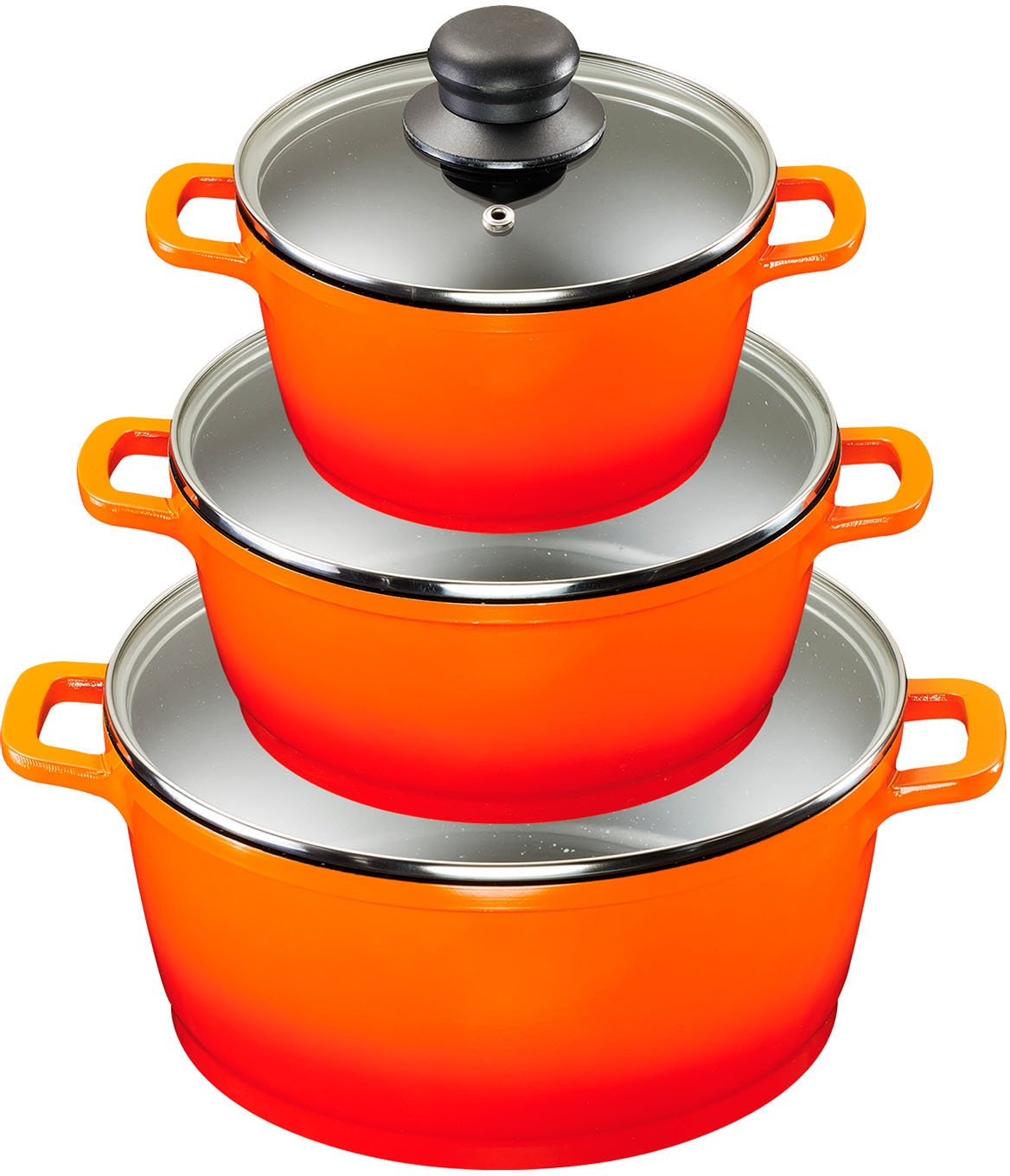 Induktion Deckel), auf (Set, tlg., Orange«, Rechnung 9 kaufen 3 KING Topf-Set Aluminiumguss, »Shine 3 Töpfe, 3 Pfannen,