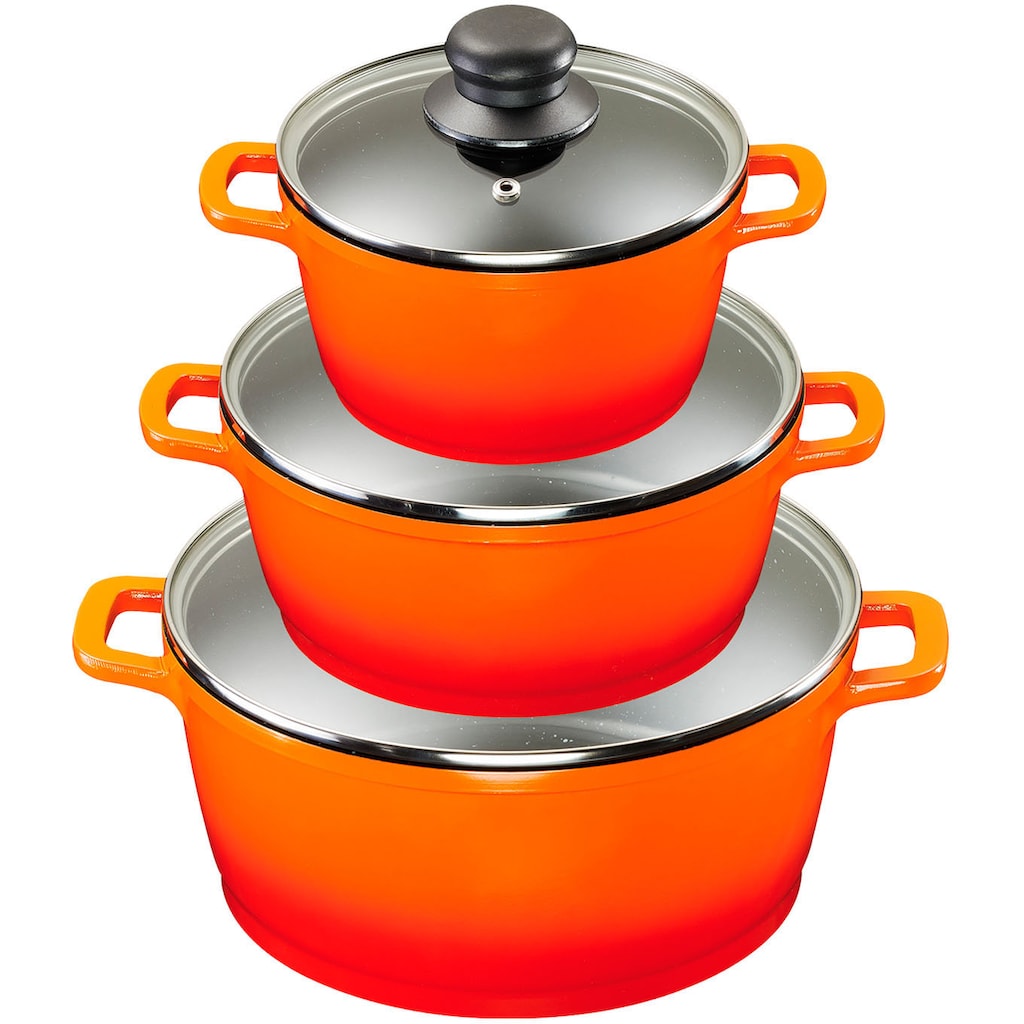 KING Topf-Set »Shine Orange«, Aluminiumguss, (Set, 9 tlg., je 1 Kochtopf mit Deckel 18 /20/24 cm, je 1 Bratpfanne 20/24/28 cm)