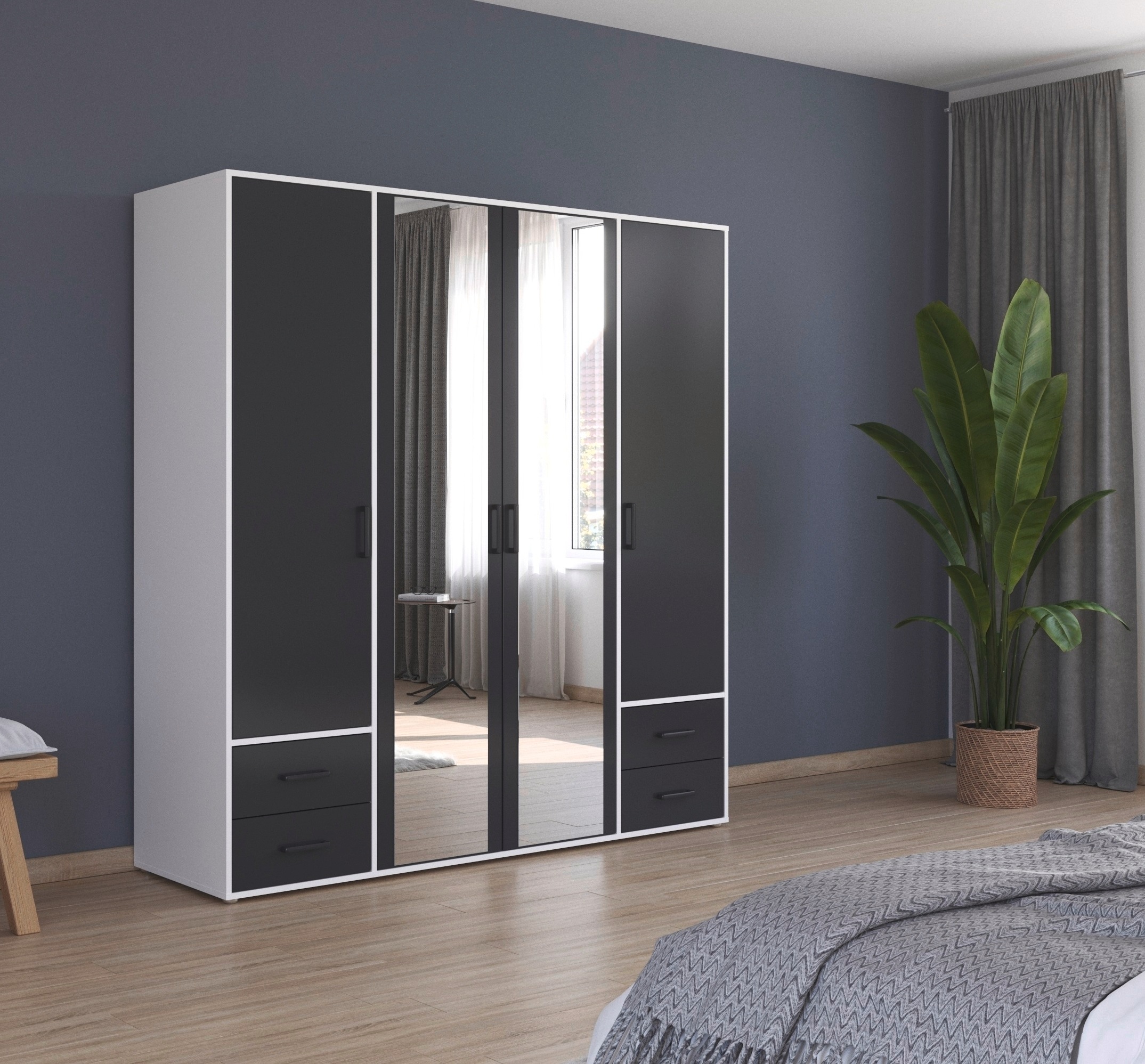 rauch Drehtürenschrank »Kleiderschrank Schrank Garderobe Wäscheschrank VOYAGER«, (in 3 verschiedenen Ausstattungen BASIC/CLASSIC/PREMIUM), mit modernen Griffen in Graumetallic, inkl. Schubkästen und Spiegel