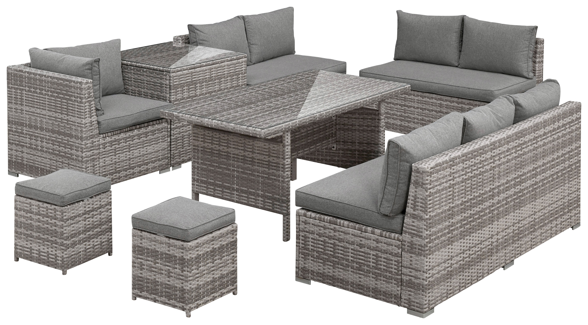 KONIFERA Gartenlounge-Set »Kalamos«, (Set, 23 tlg., 3er-Sofa, 2x 2er Sofa, Ecksofa, 2x Hocker, 2x Tisch, inkl. Auflagen), Polyrattan, Aluminium, 10 Personen, individuell aufstellbar