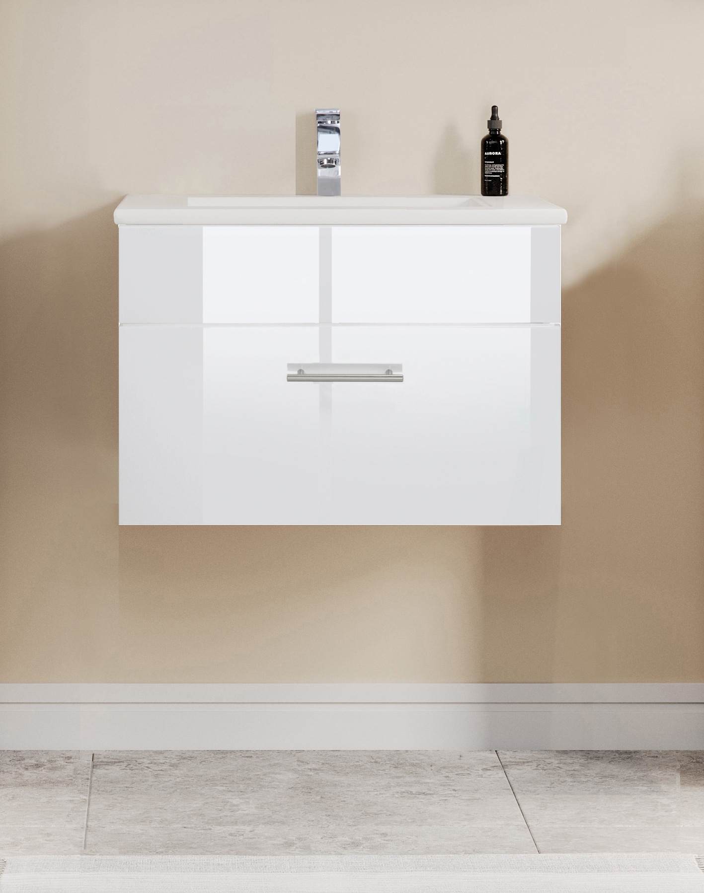 welltime Waschtisch »Trento Light mit Keramik-Auflagebecken«, 1 feste Blende und 1 Auszug, Breite: 61cm, Weiß Hochglanz