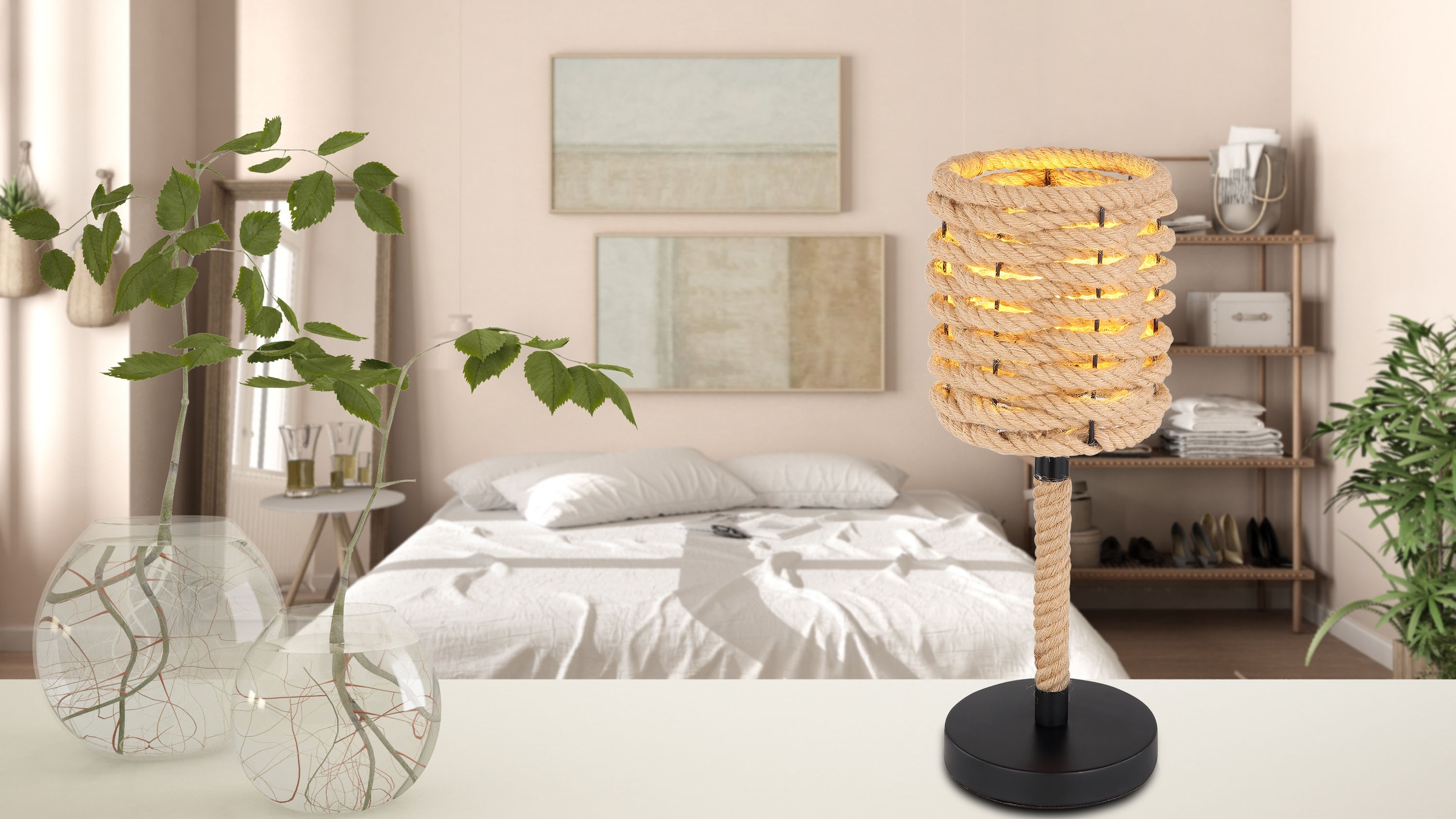 GLOBO LIGHTING Tischleuchte »HALIA«, Leuchtmittel E27 | ohne Leuchtmittel, Tischlampe/Hanf/vintage/Wohnbereich/Schlafzimmer