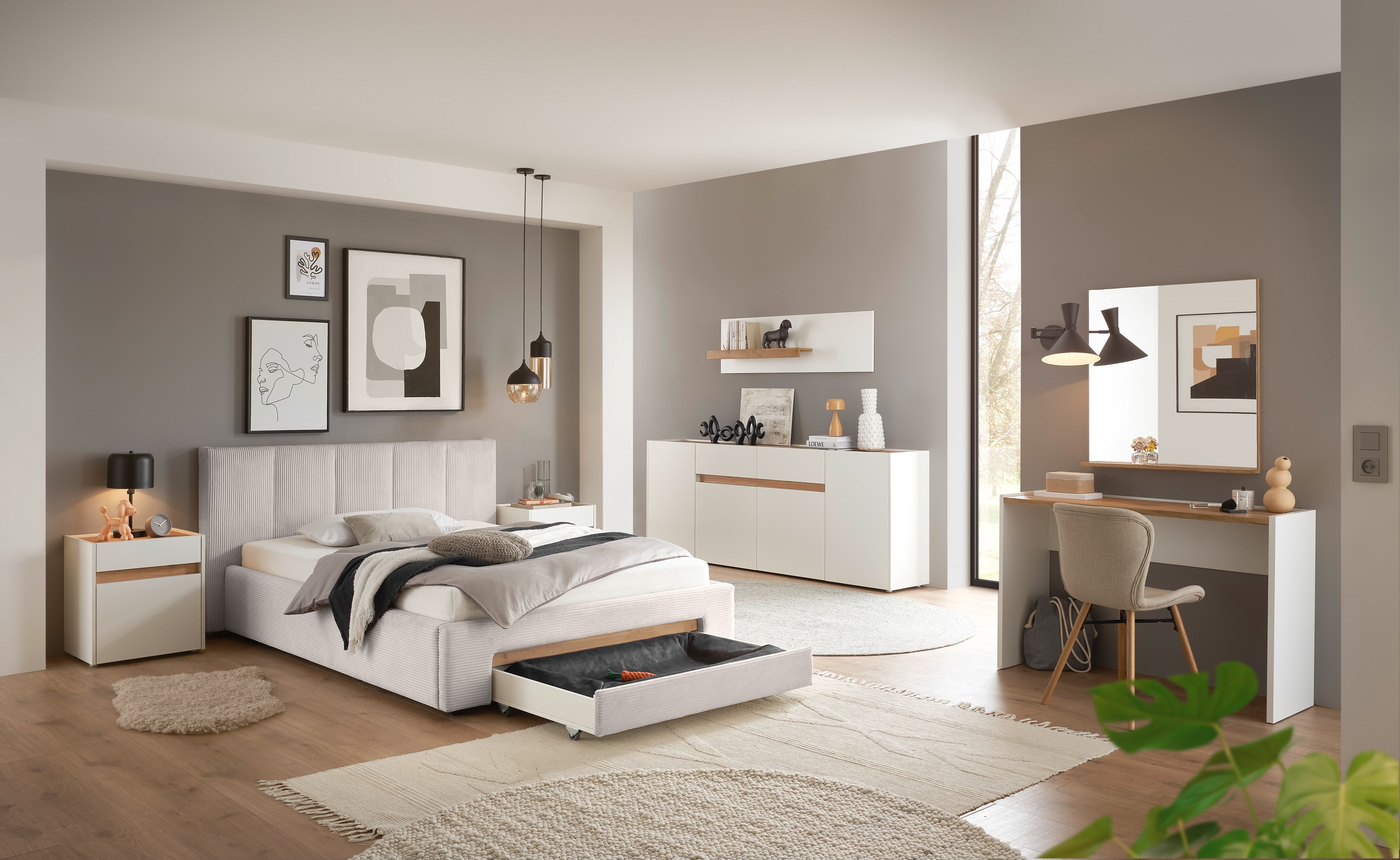 INOSIGN Polsterbett »CiTY/GiRON, Bettgestell mit Bettkasten, gepolstertes Stauraumbett«, mit Hundebett oder Stauraumschublade, Bezug Cord-oder Leinenoptik