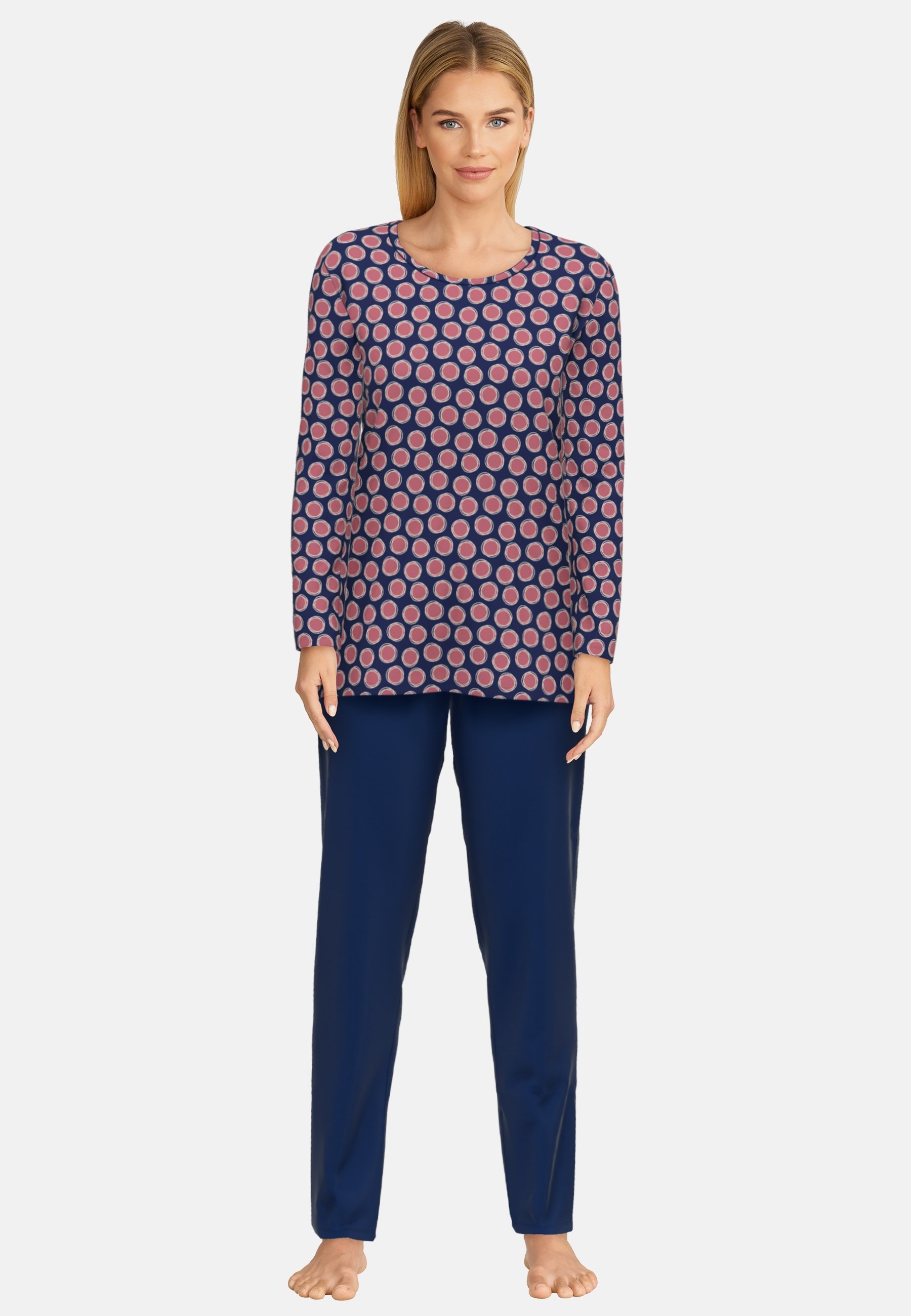 GÖTZBURG Schlafanzug »Herbstblüte« 2 Stk. tlg., Langarm, Rundhalsausschnitt, Baumwolle, weich, bügelfrei blau-dunkel-Punkte 50 (5XL) 50 (5XL)...
