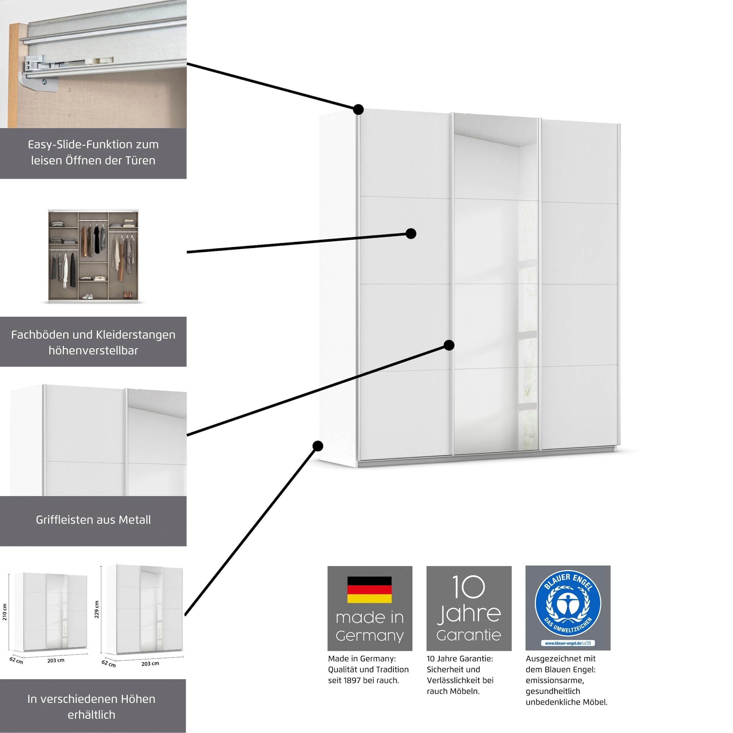 rauch Schwebetürenschrank »Kleiderschrank Schrank Garderobe AGORDO mit Dekor- oder Hochglanzfront«, durchdachte Innenausstattung, in 4 Breiten und 2 Höhen MADE IN GERMANY