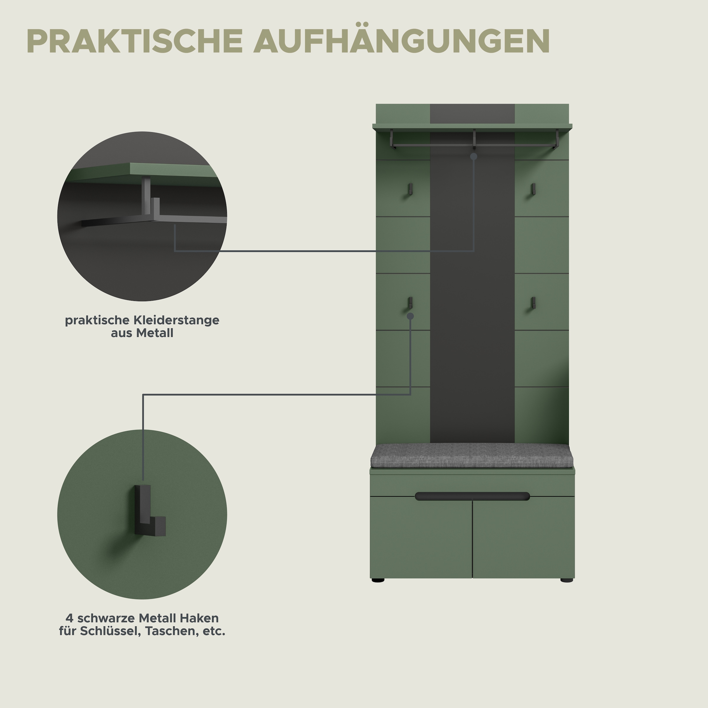 Home affaire Garderoben-Set »REHAT, TOPSELLER!, 3-teilig, Breite 160 cm, individuell erweiterbar« Set, bestehend aus: Garderobenschrank, Sitzbank und Paneel, 3 Stk. tlg.