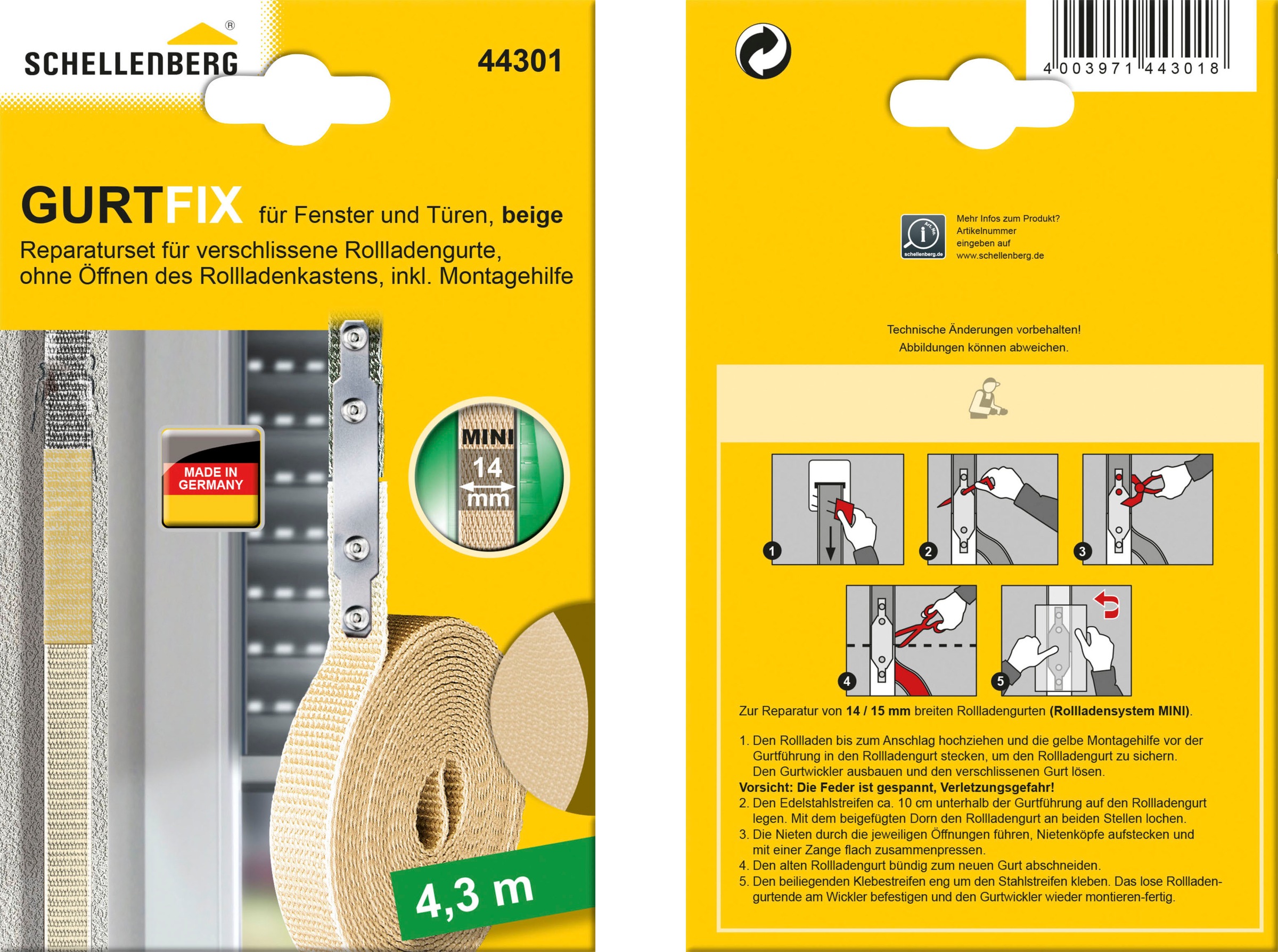 SCHELLENBERG Reparatur-Set »Rollladen Gurtfix für das Rollladensystem Mini« Set, 1 Stk. tlg. für alte Gurtbänder in unterschiedlichen Farben, 14 mm x 4,3 m
