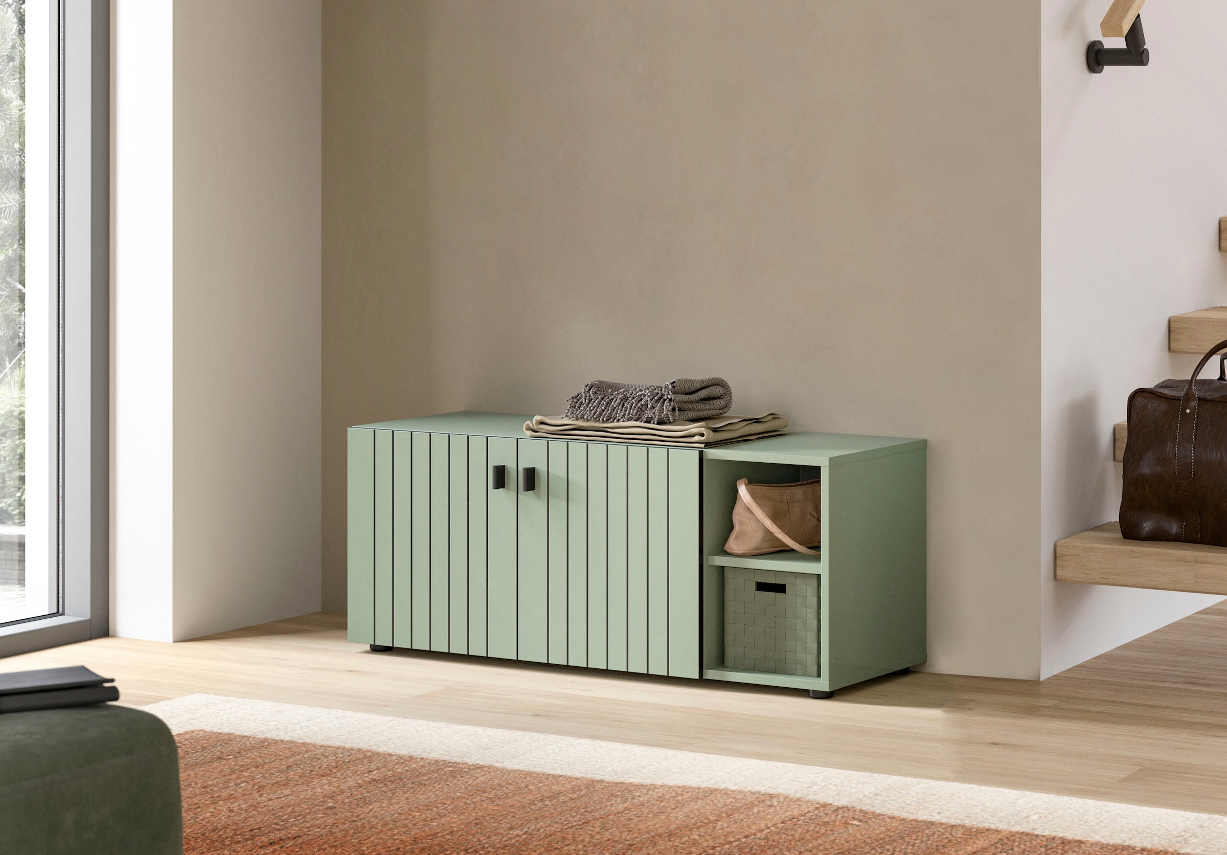 INOSIGN Sitzbank »TATIO, 106x43x37 cm, 2 Türen, 2 offene Fächer« Sitzbank und Sitzkissen,  Garderobensitzbank, Sitzbank Flur mit Stauraum, Sitzkissen wählbar